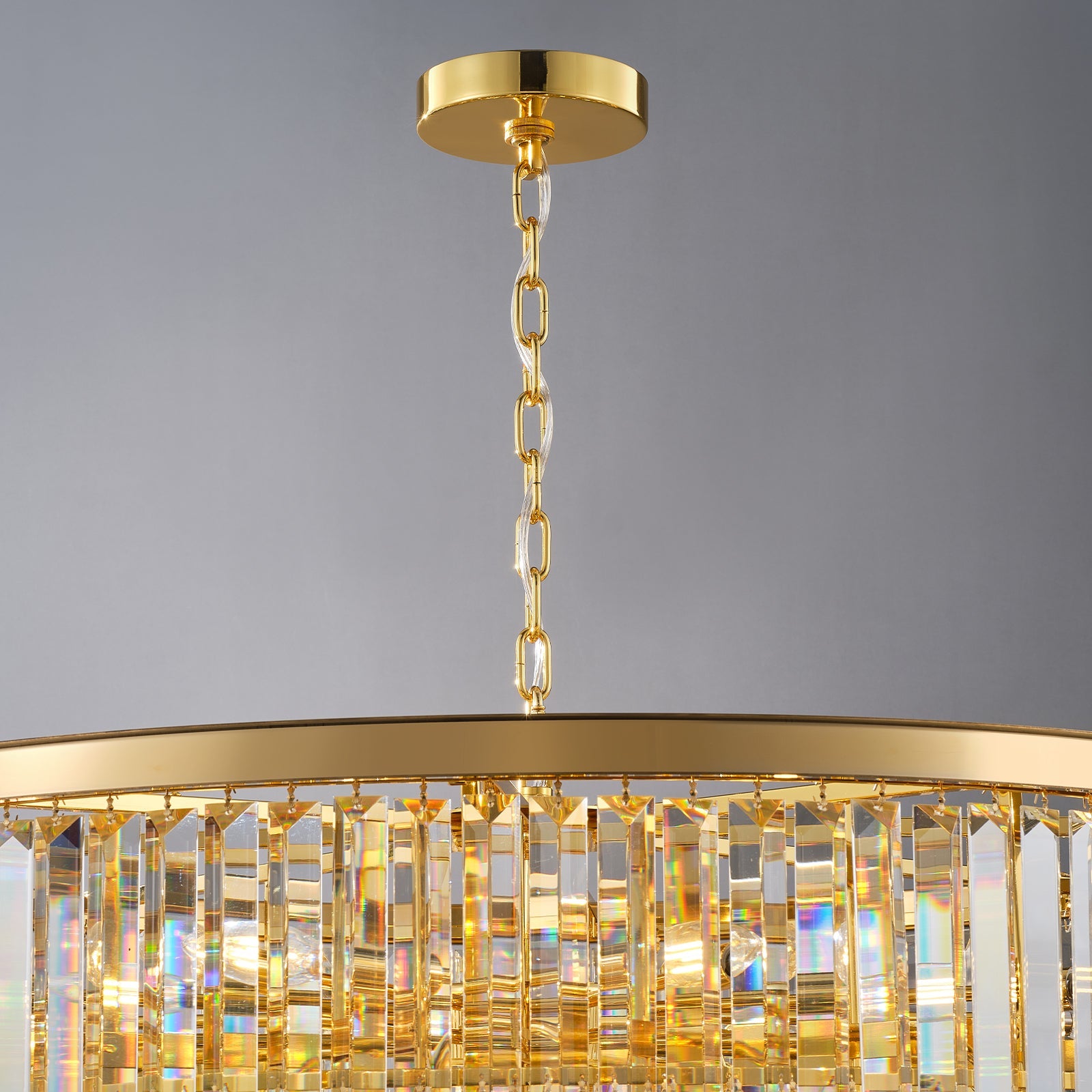 Jandcase 48in. Gold Tiered Crystal Tube Chandelier 45-Light E12 580 Crystal Rods Adjustable 79in. Chain LED Bulbs Included