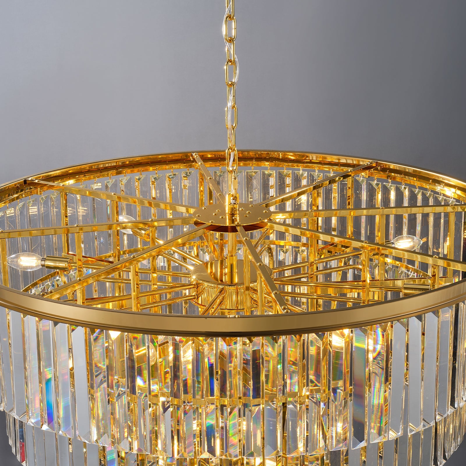 Jandcase 48in. Gold Tiered Crystal Tube Chandelier 45-Light E12 580 Crystal Rods Adjustable 79in. Chain LED Bulbs Included