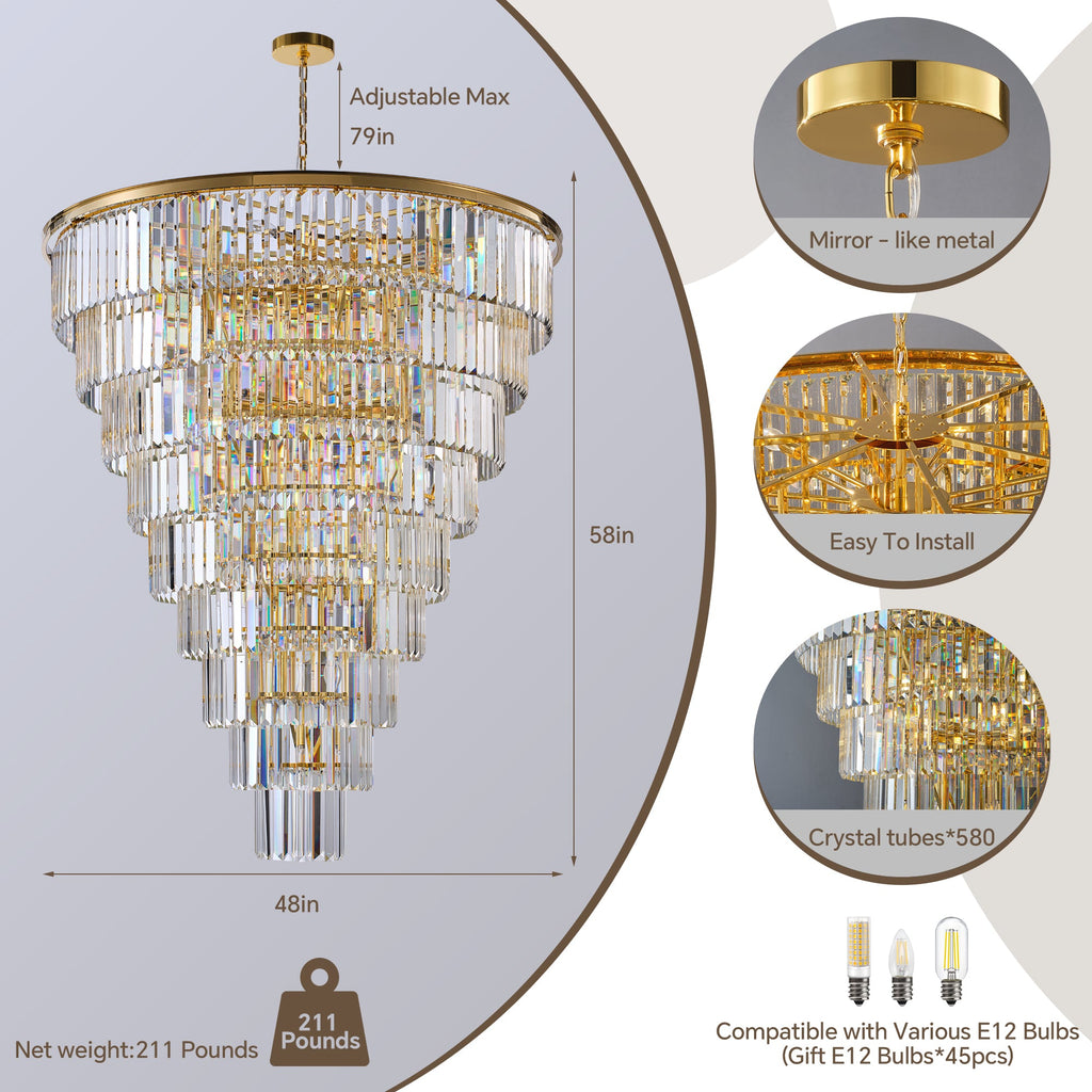 Jandcase 48in. Gold Tiered Crystal Tube Chandelier 45-Light E12 580 Crystal Rods Adjustable 79in. Chain LED Bulbs Included