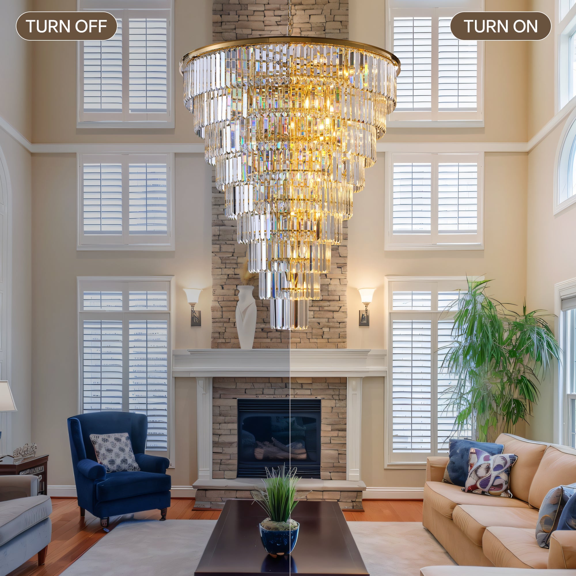Jandcase 48in. Gold Tiered Crystal Tube Chandelier 45-Light E12 580 Crystal Rods Adjustable 79in. Chain LED Bulbs Included