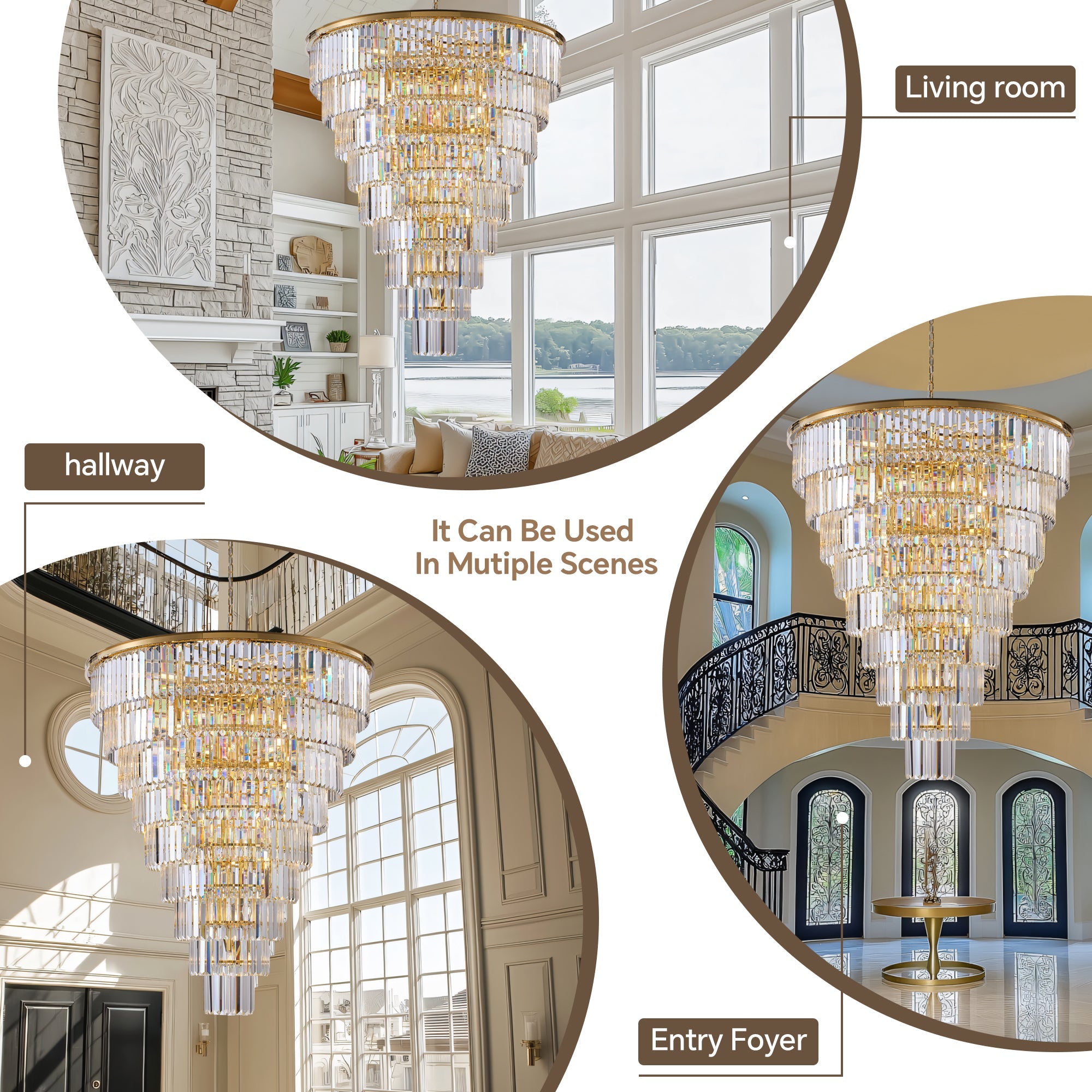 Jandcase 48in. Gold Tiered Crystal Tube Chandelier 45-Light E12 580 Crystal Rods Adjustable 79in. Chain LED Bulbs Included