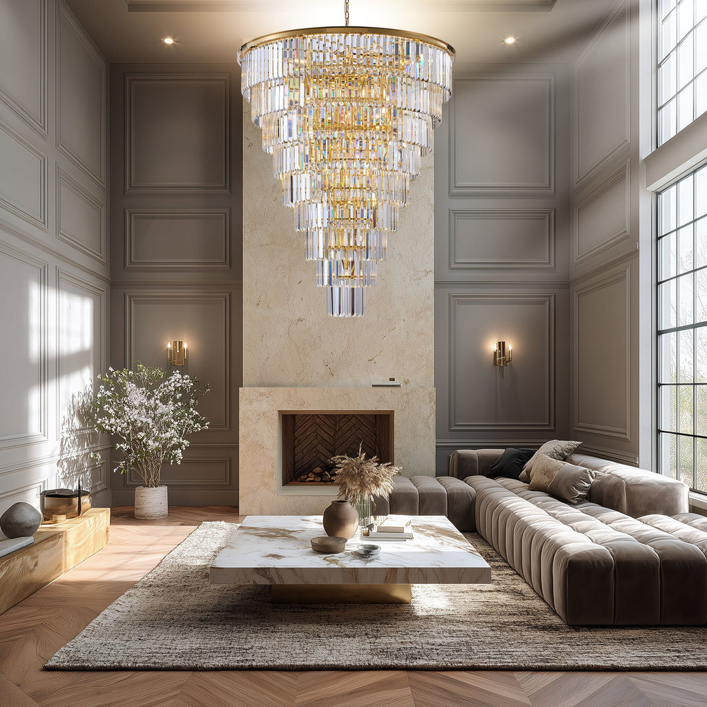 Jandcase 48in. Gold Tiered Crystal Tube Chandelier 45-Light E12 580 Crystal Rods Adjustable 79in. Chain LED Bulbs Included