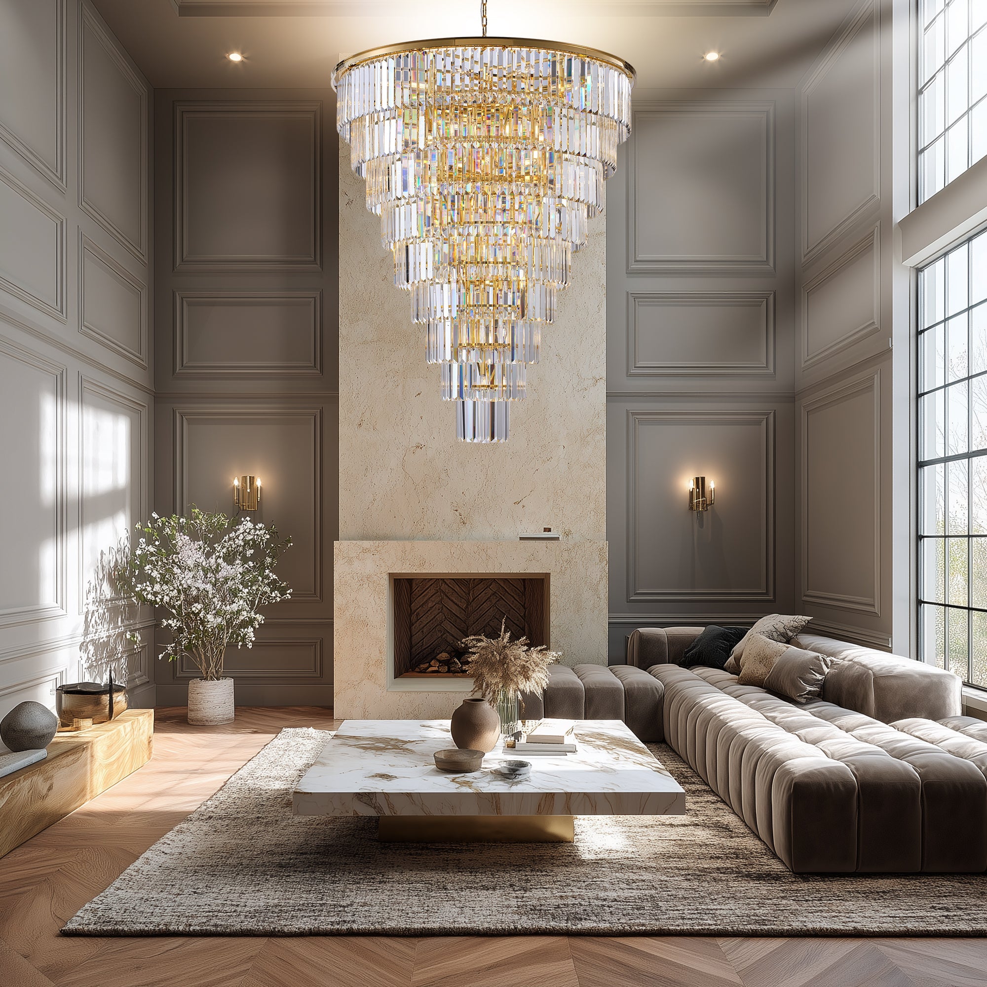 Jandcase 48in. Gold Tiered Crystal Tube Chandelier 45-Light E12 580 Crystal Rods Adjustable 79in. Chain LED Bulbs Included