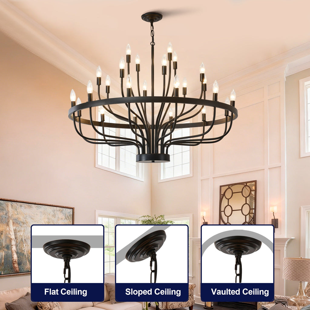 Jandcase Industrial Black Chandelier Rustic Vintage 24-Light Candle Style E12 Pendant for Dining Room Kitchen Island Living Room