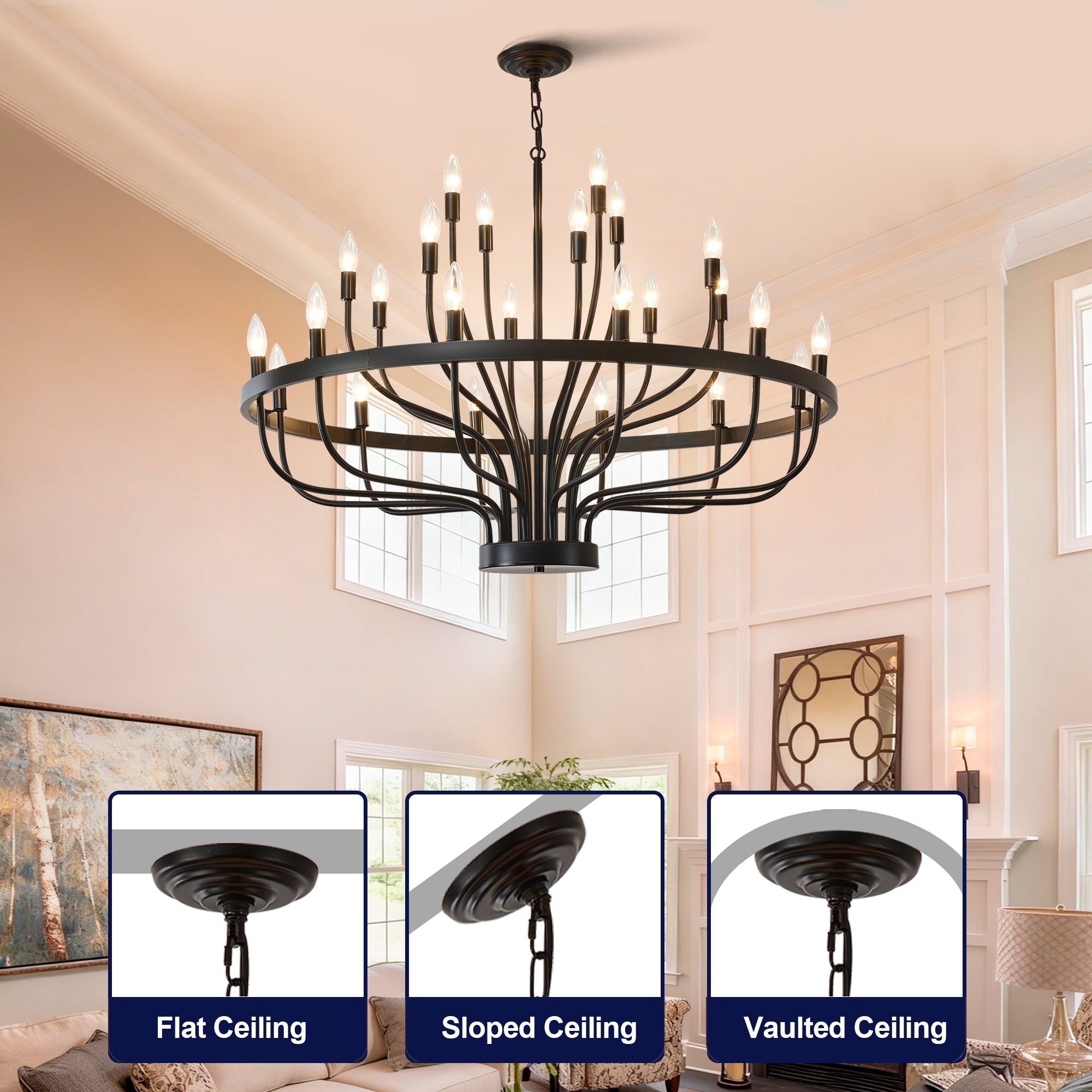 Jandcase Industrial Black Chandelier Rustic Vintage 24-Light Candle Style E12 Pendant for Dining Room Kitchen Island Living Room