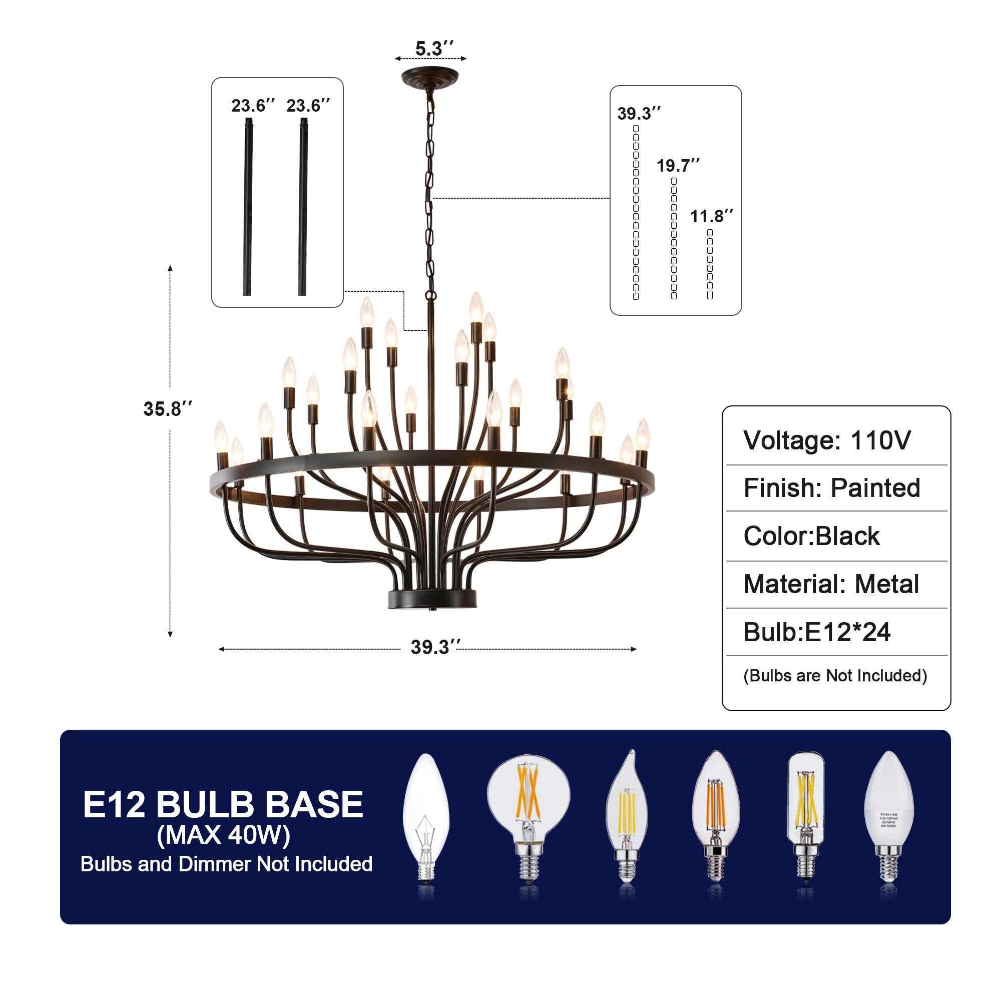Jandcase Industrial Black Chandelier Rustic Vintage 24-Light Candle Style E12 Pendant for Dining Room Kitchen Island Living Room