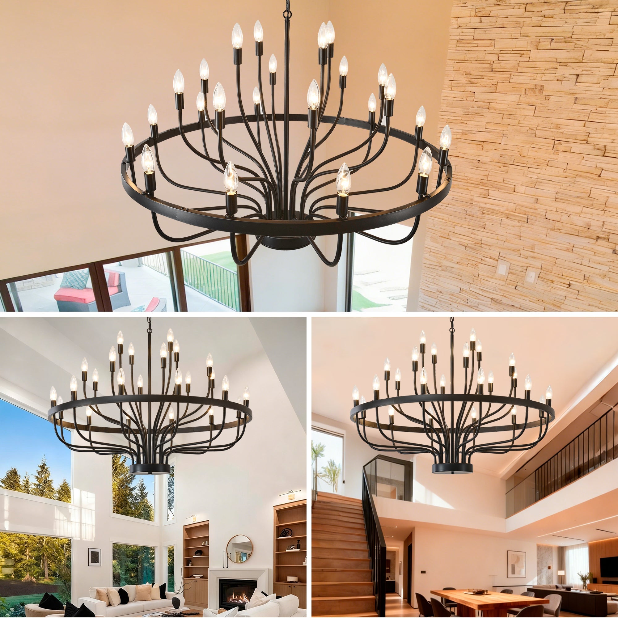 Jandcase Industrial Black Chandelier Rustic Vintage 24-Light Candle Style E12 Pendant for Dining Room Kitchen Island Living Room