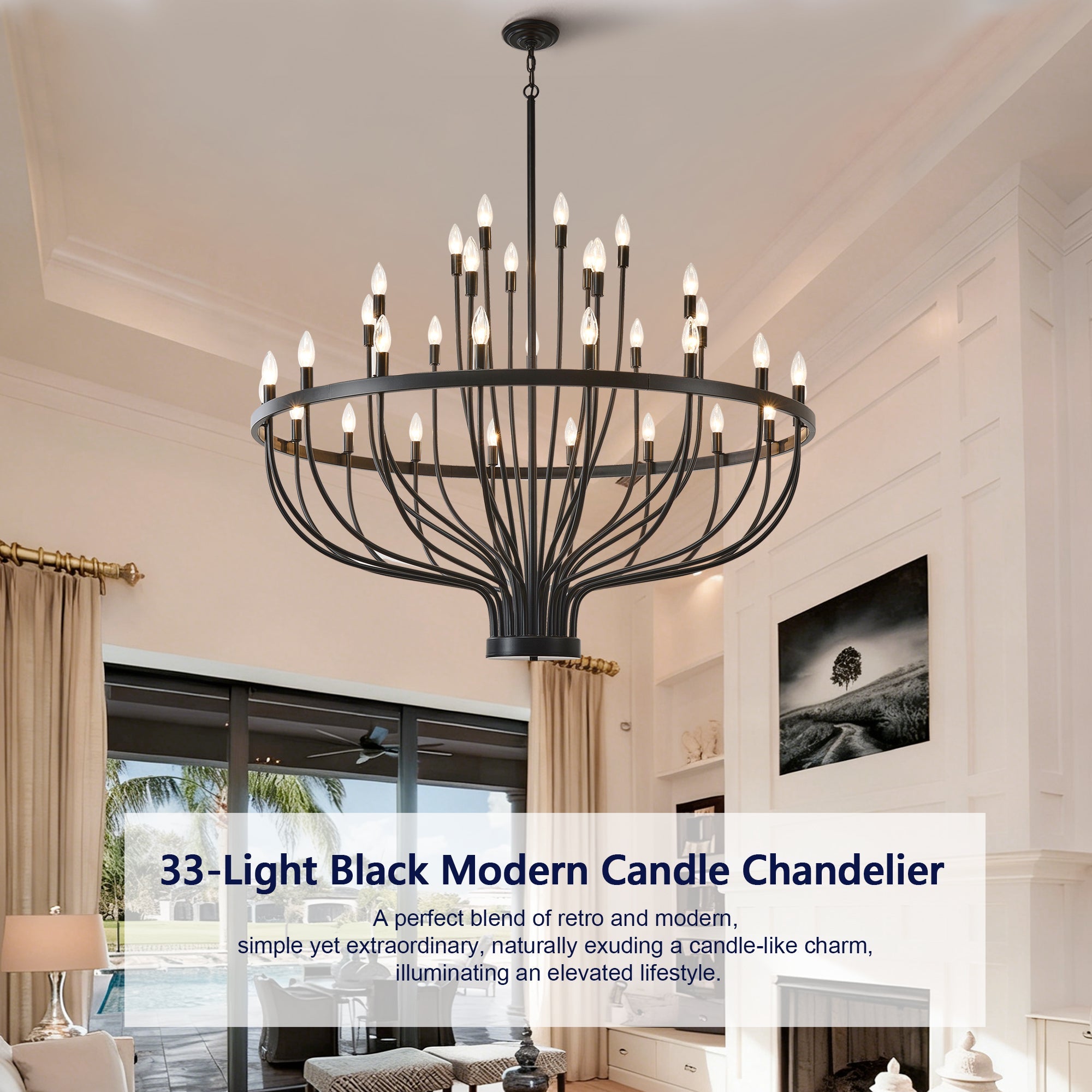 Jandcase Industrial Black Chandelier Rustic Vintage 33-Light Candle Style E12 Pendant for Dining Room Kitchen Island Living Room