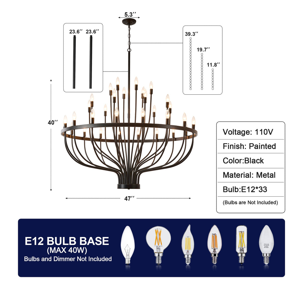 Jandcase Industrial Black Chandelier Rustic Vintage 33-Light Candle Style E12 Pendant for Dining Room Kitchen Island Living Room