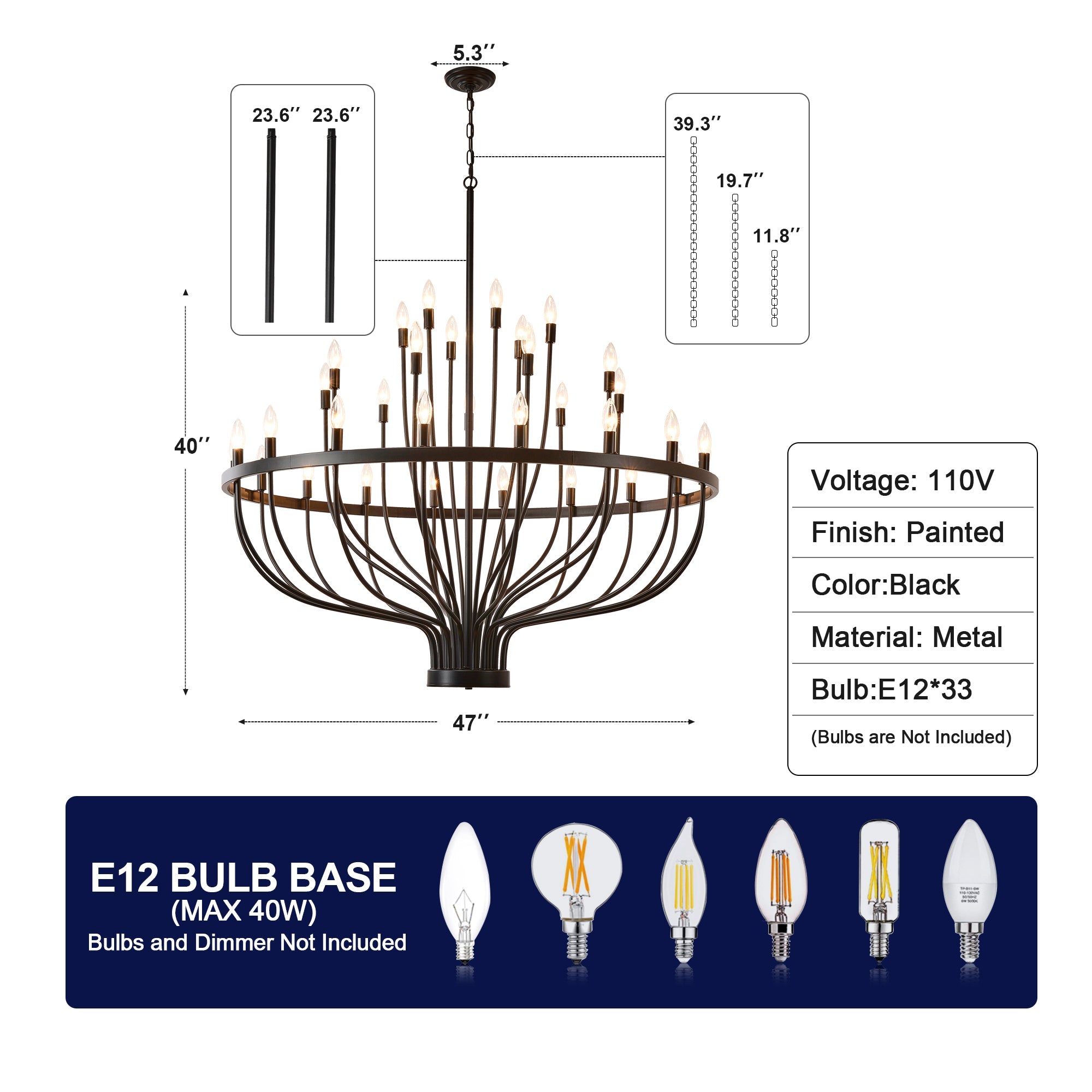 Jandcase Industrial Black Chandelier Rustic Vintage 33-Light Candle Style E12 Pendant for Dining Room Kitchen Island Living Room