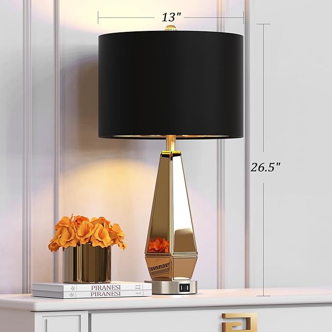 Jandcase 2-Pack Mirrored Glass Table Lamps Amber Modern Bedside Lamps Gold Black Fabric Shade for Bedroom Living Room End Tables