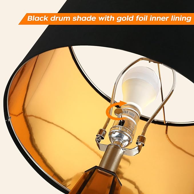 Jandcase 2-Pack Mirrored Glass Table Lamps Amber Modern Bedside Lamps Gold Black Fabric Shade for Bedroom Living Room End Tables