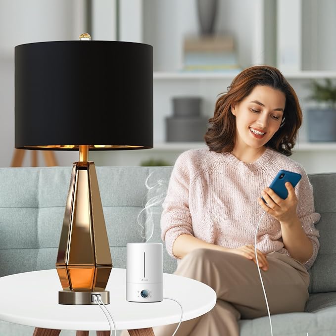 Jandcase 2-Pack Mirrored Glass Table Lamps Amber Modern Bedside Lamps Gold Black Fabric Shade for Bedroom Living Room End Tables
