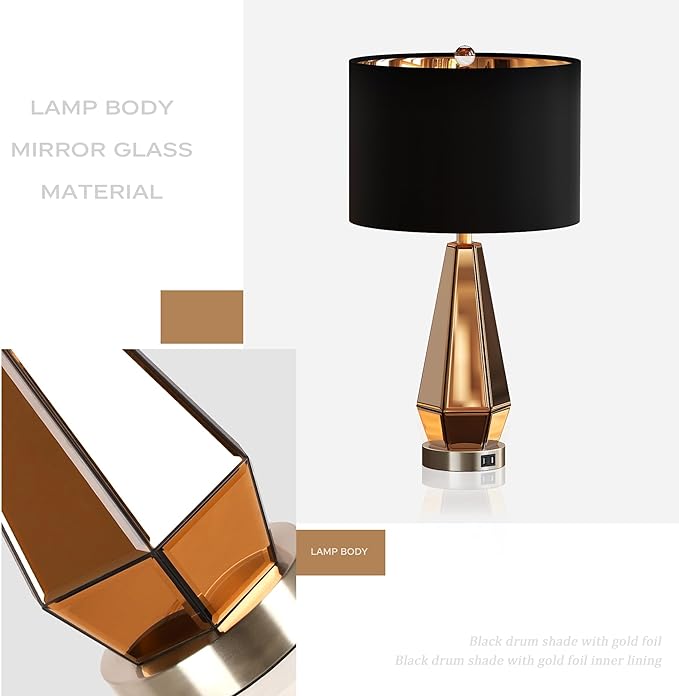 Jandcase 2-Pack Mirrored Glass Table Lamps Amber Modern Bedside Lamps Gold Black Fabric Shade for Bedroom Living Room End Tables