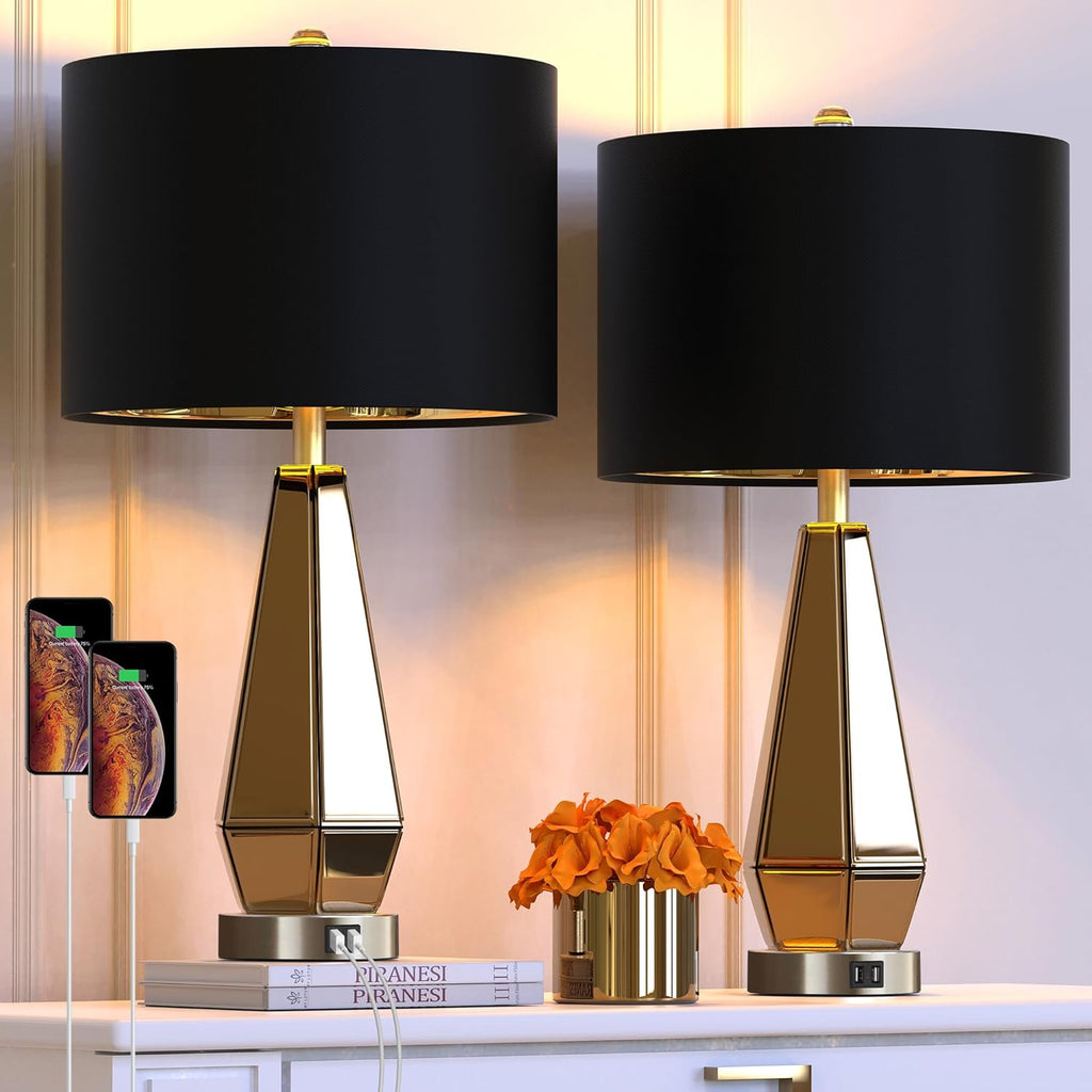 Jandcase 2-Pack Mirrored Glass Table Lamps Amber Modern Bedside Lamps Gold Black Fabric Shade for Bedroom Living Room End Tables
