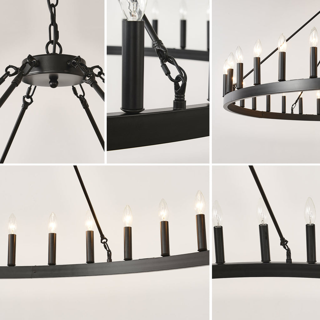 Jandcase 59" Farmhouse Wagon Wheel Chandelier, 36-Light Matte Black Ceiling Light, Adjustable Height, E12 Bulbs, Dining Room Fixture