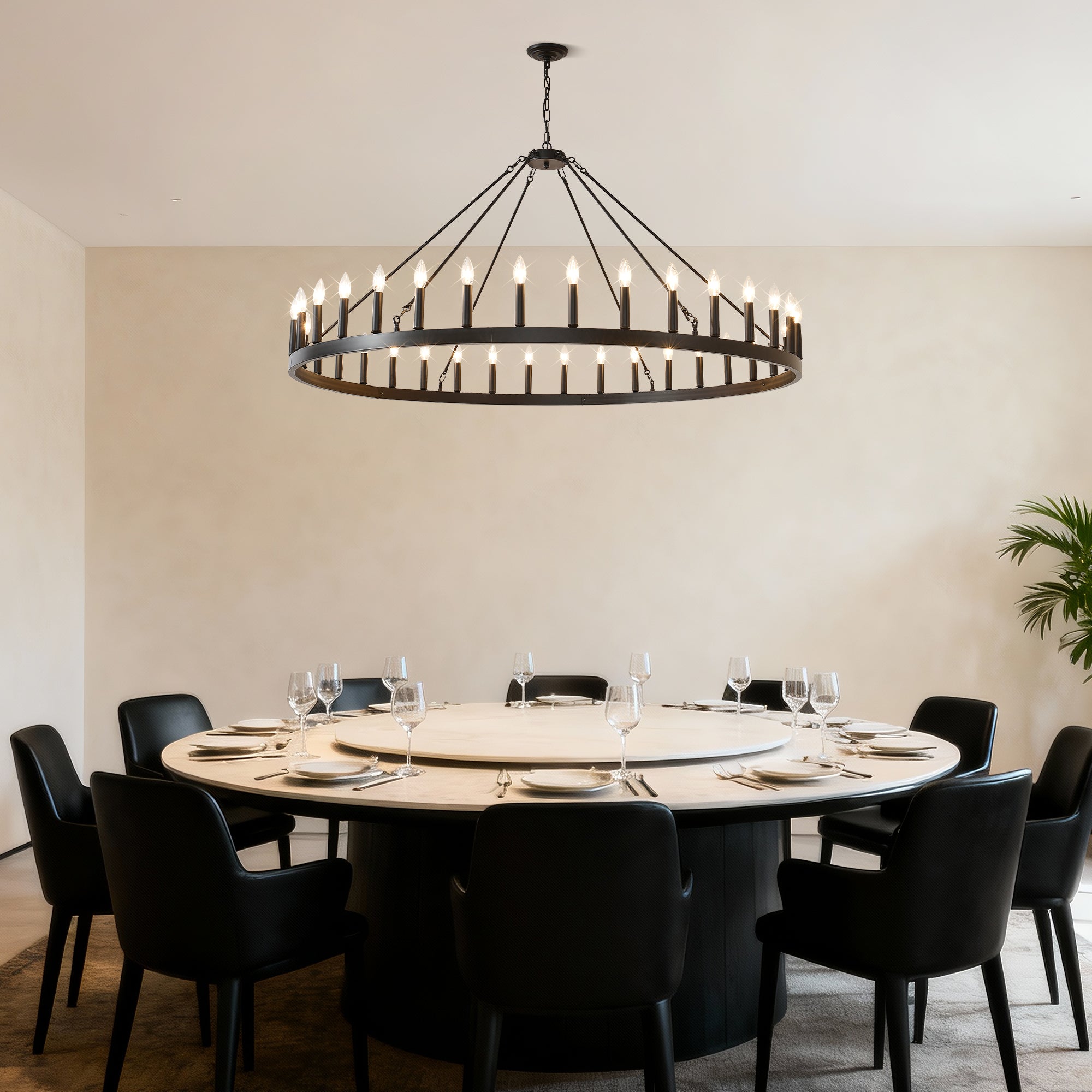 Jandcase 59" Farmhouse Wagon Wheel Chandelier, 36-Light Matte Black Ceiling Light, Adjustable Height, E12 Bulbs, Dining Room Fixture