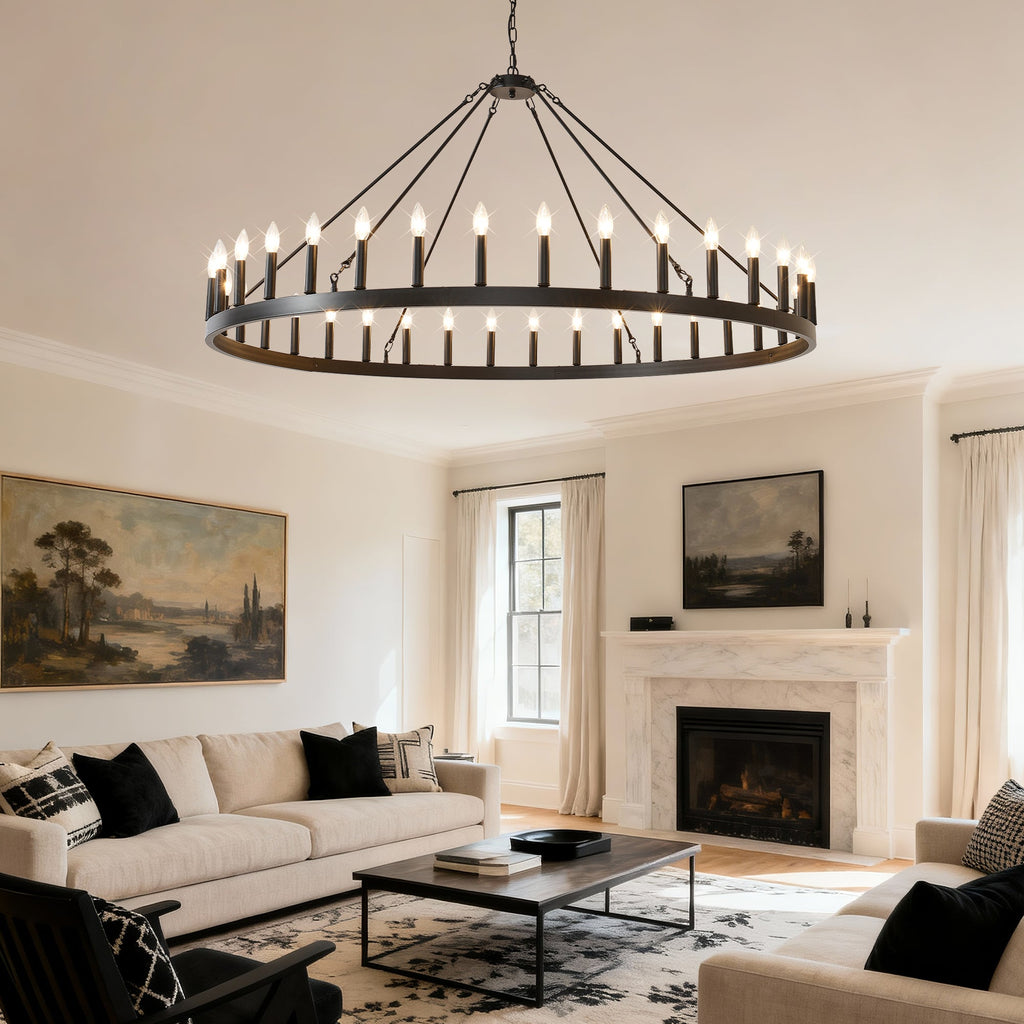 Jandcase 59" Farmhouse Wagon Wheel Chandelier, 36-Light Matte Black Ceiling Light, Adjustable Height, E12 Bulbs, Dining Room Fixture
