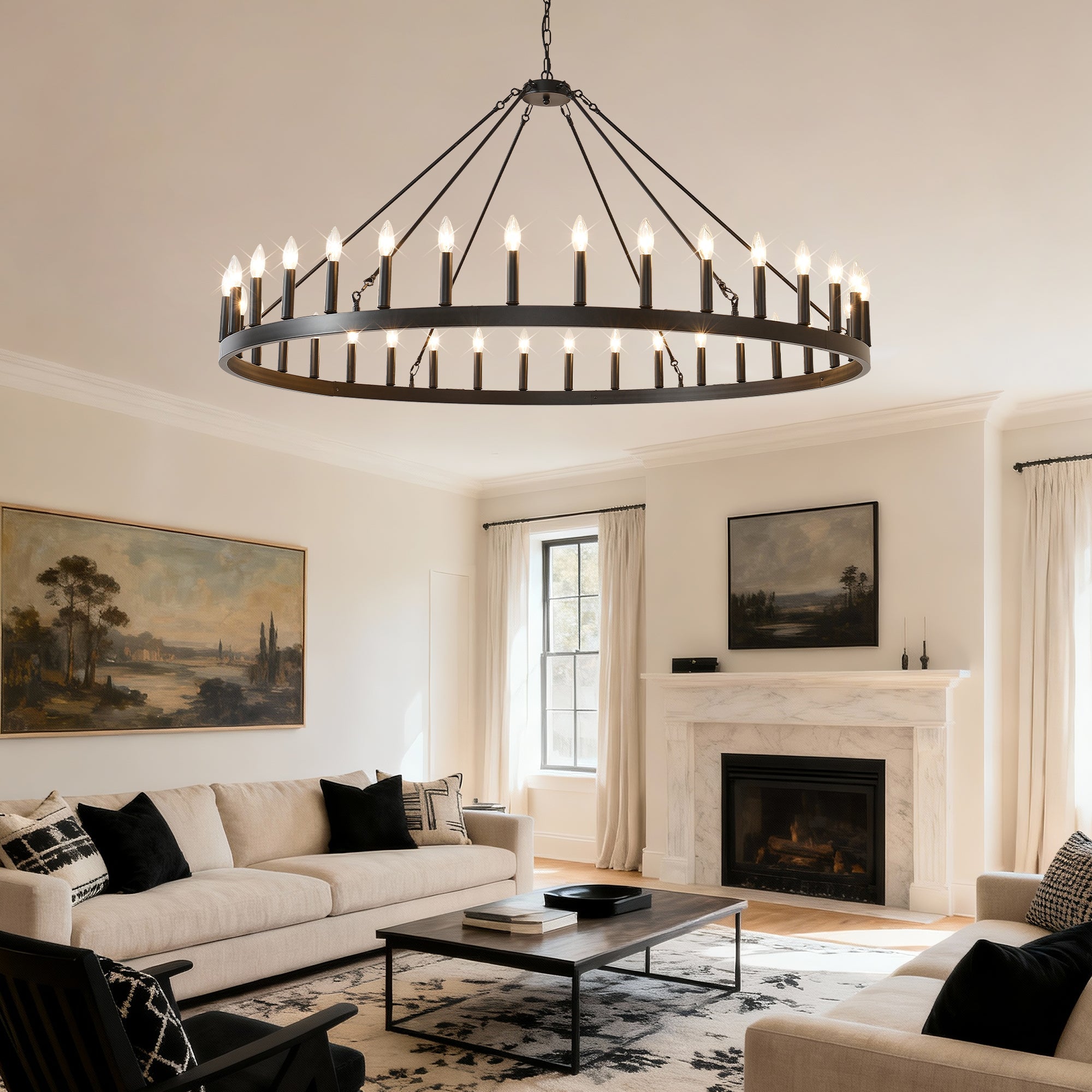 Jandcase 59" Farmhouse Wagon Wheel Chandelier, 36-Light Matte Black Ceiling Light, Adjustable Height, E12 Bulbs, Dining Room Fixture