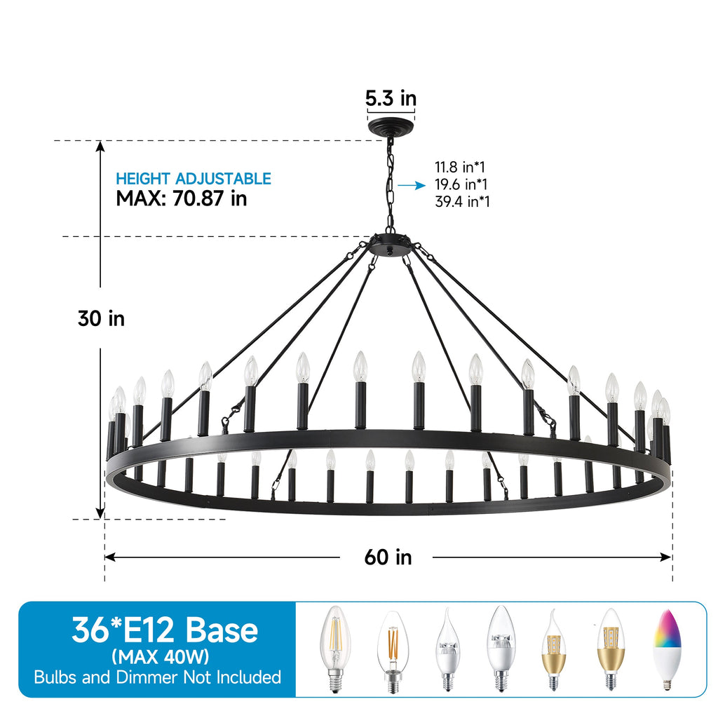 Jandcase 59" Farmhouse Wagon Wheel Chandelier, 36-Light Matte Black Ceiling Light, Adjustable Height, E12 Bulbs, Dining Room Fixture