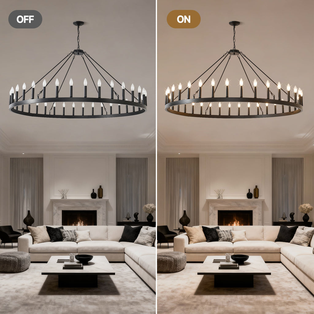 Jandcase 59" Farmhouse Wagon Wheel Chandelier, 36-Light Matte Black Ceiling Light, Adjustable Height, E12 Bulbs, Dining Room Fixture