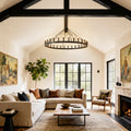 Jandcase 53" Farmhouse Wagon Wheel Chandelier, 30-Light Matte Black Ceiling Light, Adjustable Height 69", E12 Bulbs, Dining Room Fixture