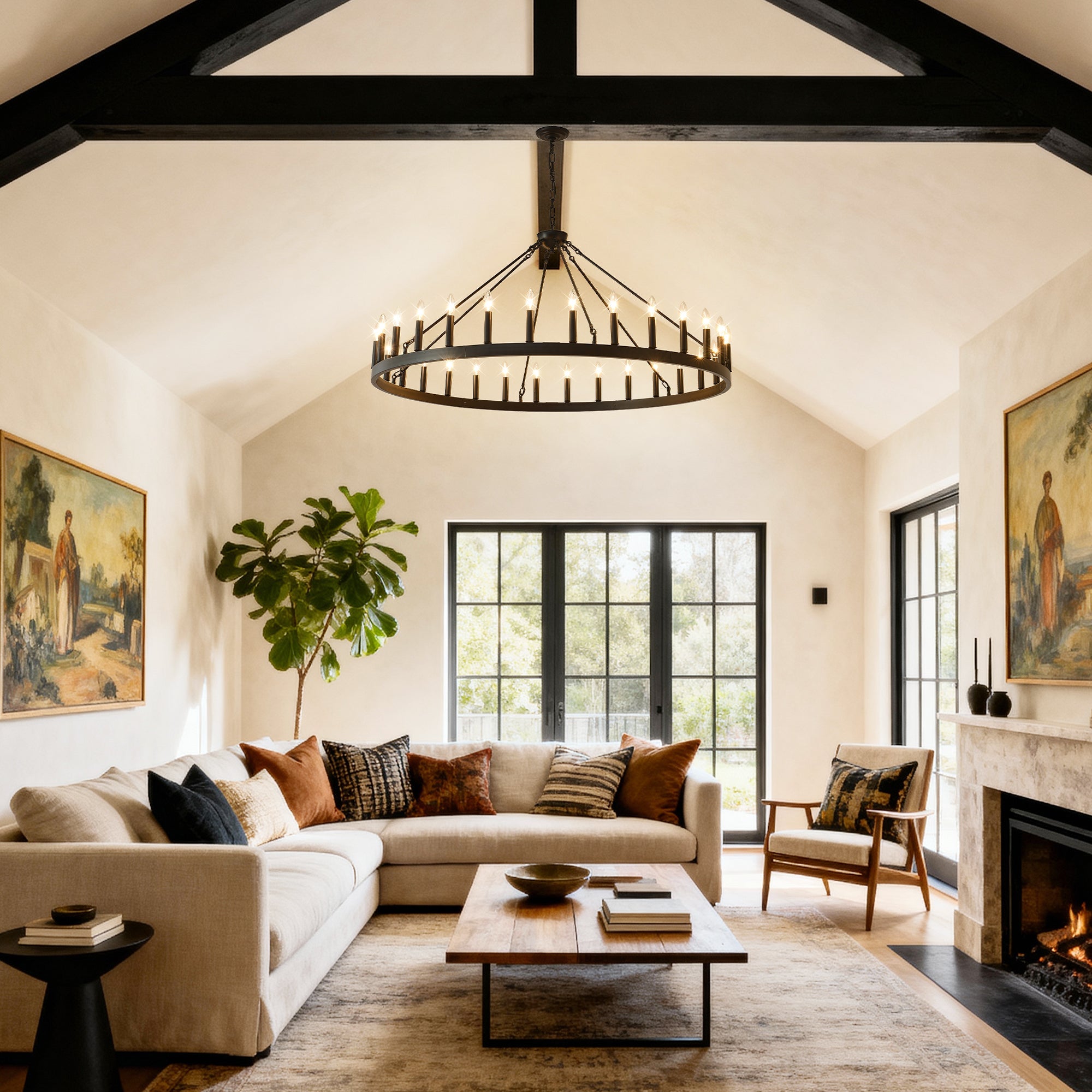 Jandcase 53" Farmhouse Wagon Wheel Chandelier, 30-Light Matte Black Ceiling Light, Adjustable Height 69", E12 Bulbs, Dining Room Fixture
