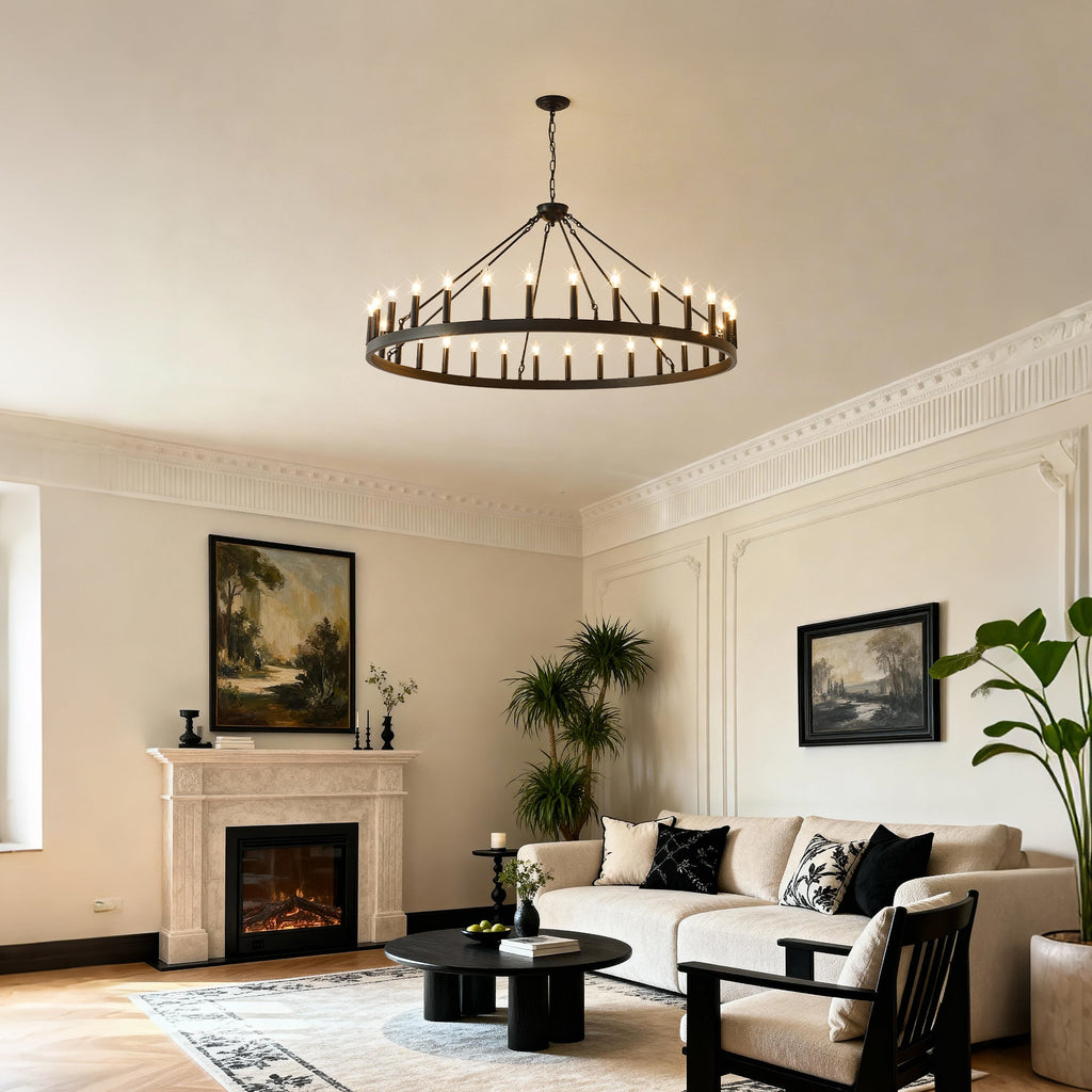 Jandcase 53" Farmhouse Wagon Wheel Chandelier, 30-Light Matte Black Ceiling Light, Adjustable Height 69", E12 Bulbs, Dining Room Fixture