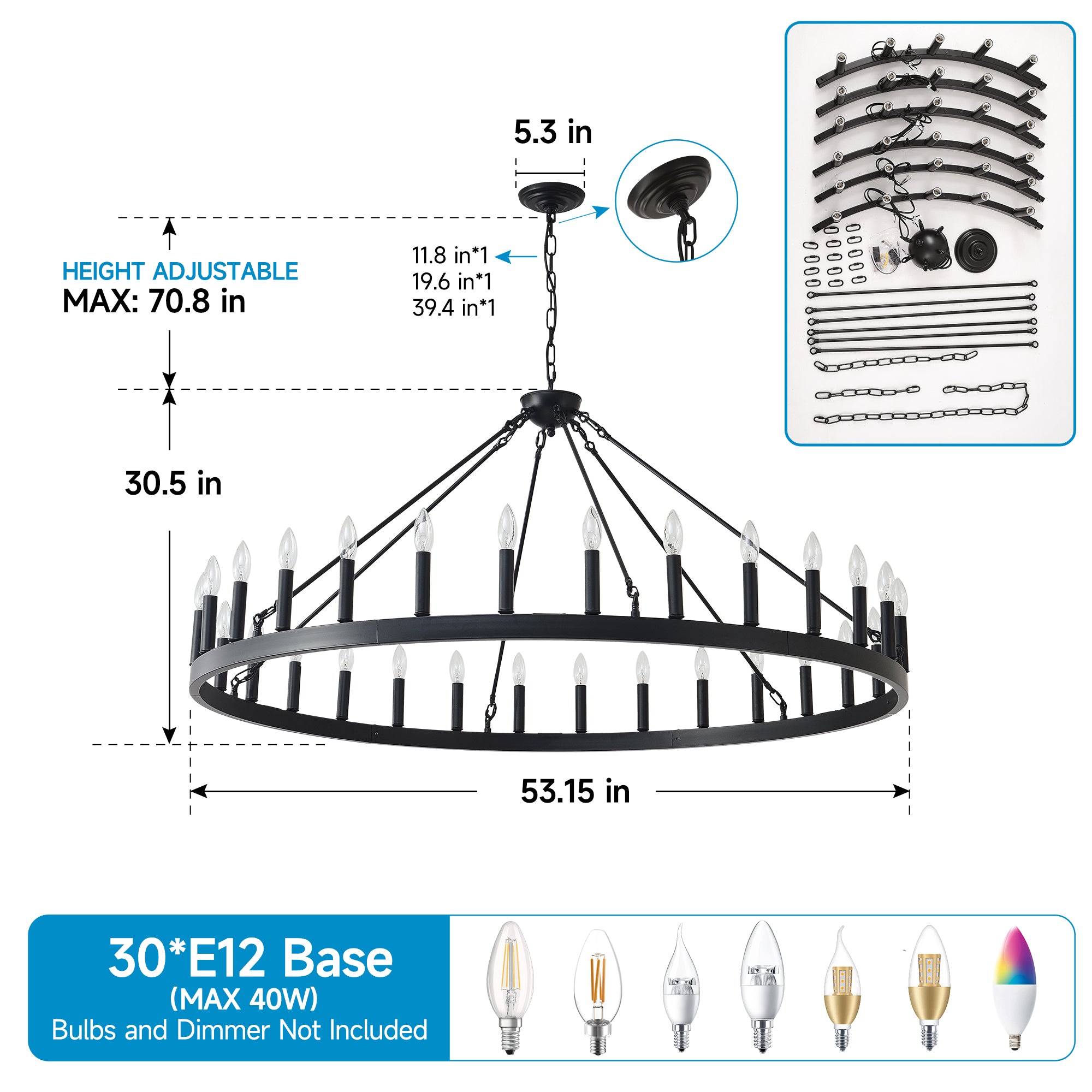 Jandcase 53" Farmhouse Wagon Wheel Chandelier, 30-Light Matte Black Ceiling Light, Adjustable Height 69", E12 Bulbs, Dining Room Fixture