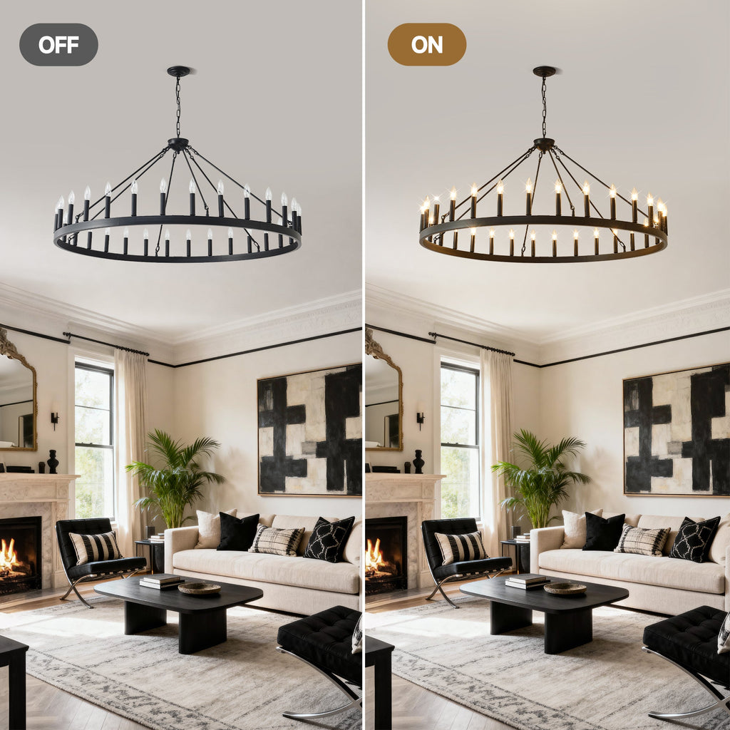Jandcase 53" Farmhouse Wagon Wheel Chandelier, 30-Light Matte Black Ceiling Light, Adjustable Height 69", E12 Bulbs, Dining Room Fixture