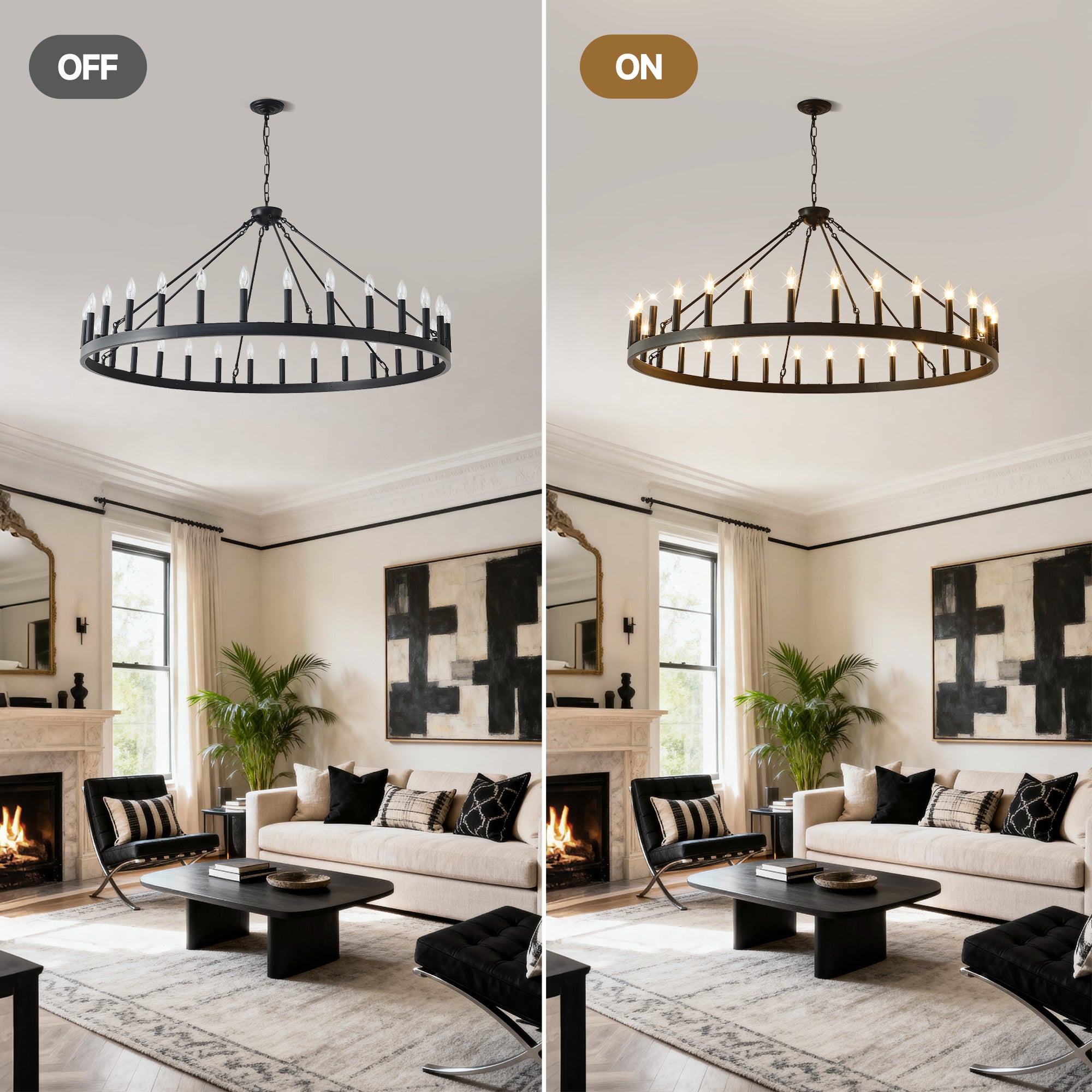 Jandcase 53" Farmhouse Wagon Wheel Chandelier, 30-Light Matte Black Ceiling Light, Adjustable Height 69", E12 Bulbs, Dining Room Fixture