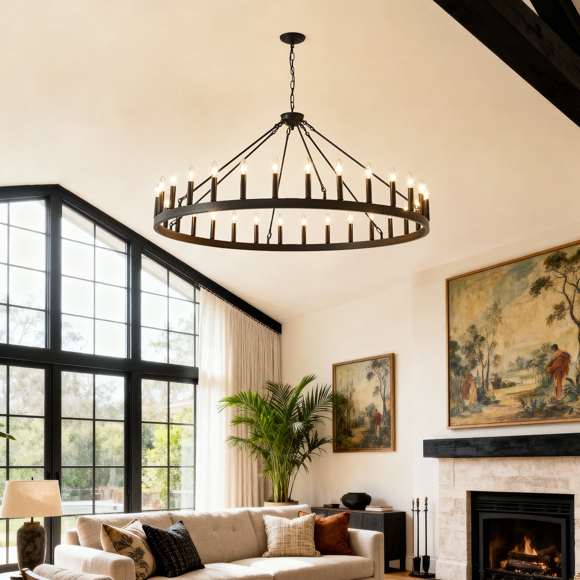 Jandcase 53" Farmhouse Wagon Wheel Chandelier, 30-Light Matte Black Ceiling Light, Adjustable Height 69", E12 Bulbs, Dining Room Fixture