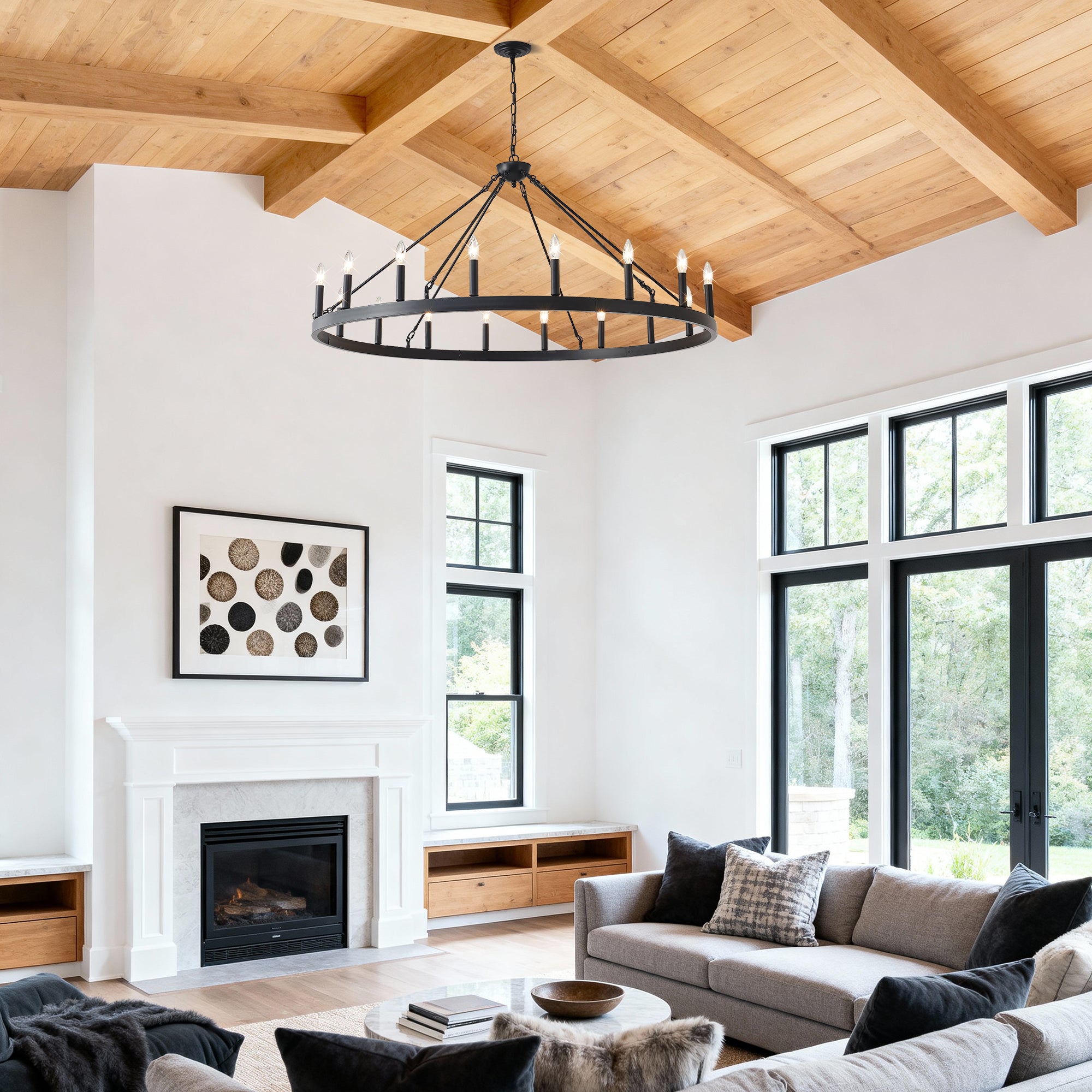 Jandcase 53.15in. Matte Black Wagon Wheel Chandelier 18-Light E12 Farmhouse Industrial Light for High Ceiling Dining Room Living Room (No Bulbs)
