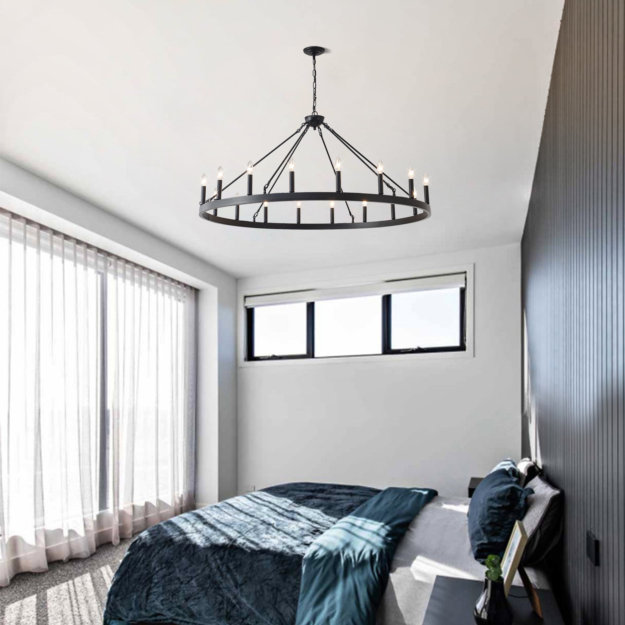 Jandcase 53.15in. Matte Black Wagon Wheel Chandelier 18-Light E12 Farmhouse Industrial Light for High Ceiling Dining Room Living Room (No Bulbs)
