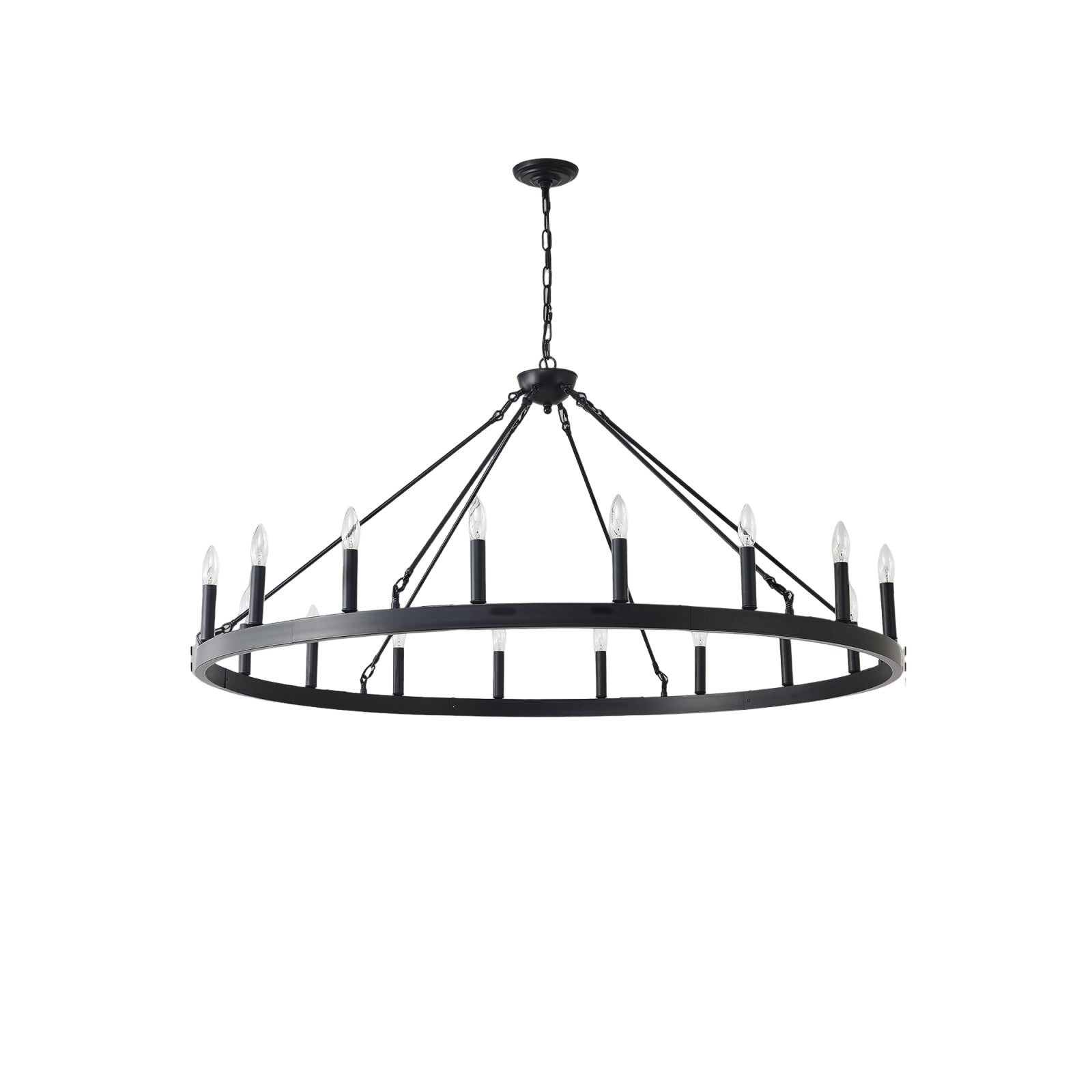 Jandcase 53.15in. Matte Black Wagon Wheel Chandelier 18-Light E12 Farmhouse Industrial Light for High Ceiling Dining Room Living Room (No Bulbs)