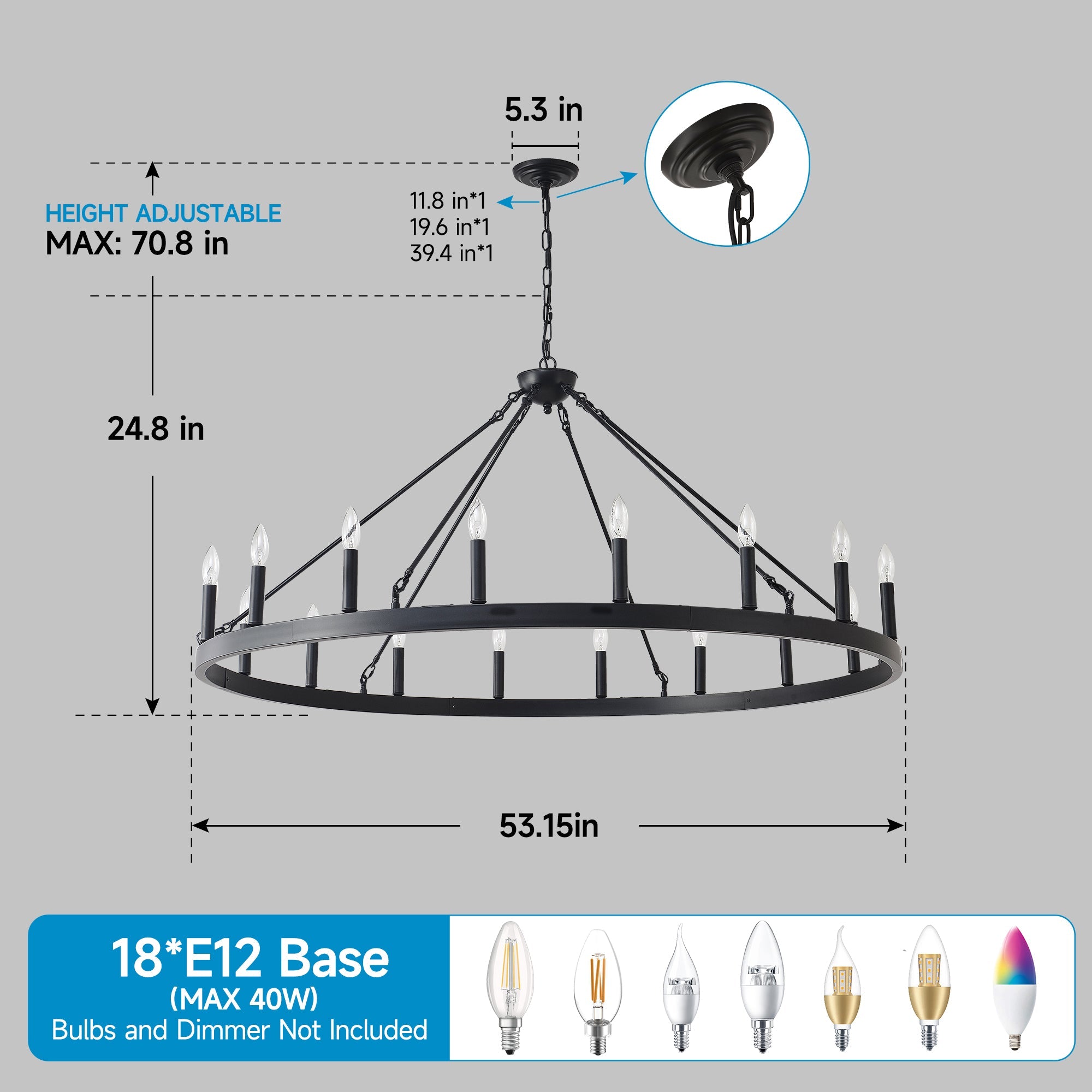 Jandcase 53.15in. Matte Black Wagon Wheel Chandelier 18-Light E12 Farmhouse Industrial Light for High Ceiling Dining Room Living Room (No Bulbs)