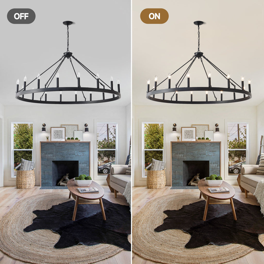 Jandcase 53.15in. Matte Black Wagon Wheel Chandelier 18-Light E12 Farmhouse Industrial Light for High Ceiling Dining Room Living Room (No Bulbs)