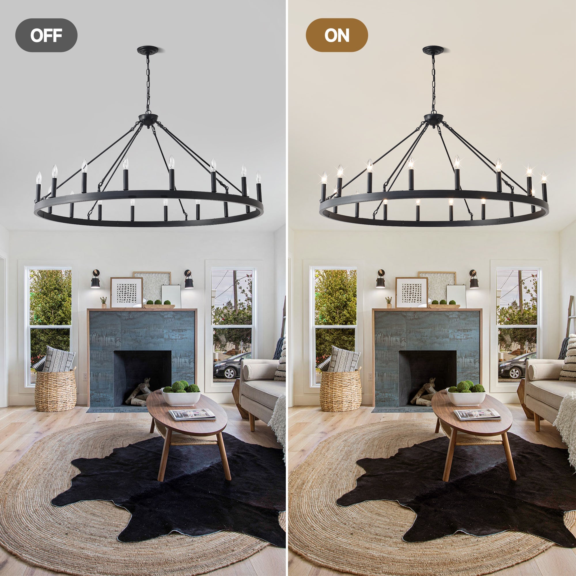 Jandcase 53.15in. Matte Black Wagon Wheel Chandelier 18-Light E12 Farmhouse Industrial Light for High Ceiling Dining Room Living Room (No Bulbs)