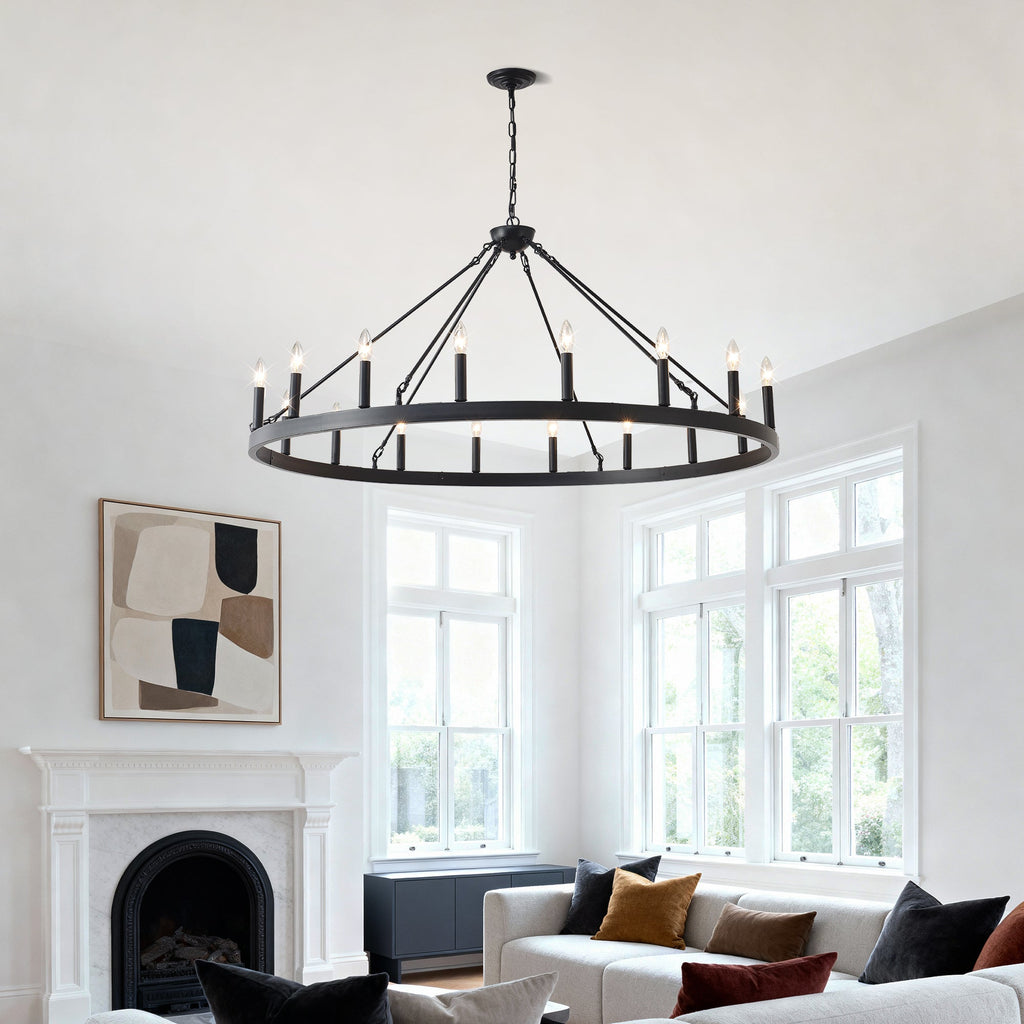 Jandcase 53.15in. Matte Black Wagon Wheel Chandelier 18-Light E12 Farmhouse Industrial Light for High Ceiling Dining Room Living Room (No Bulbs)