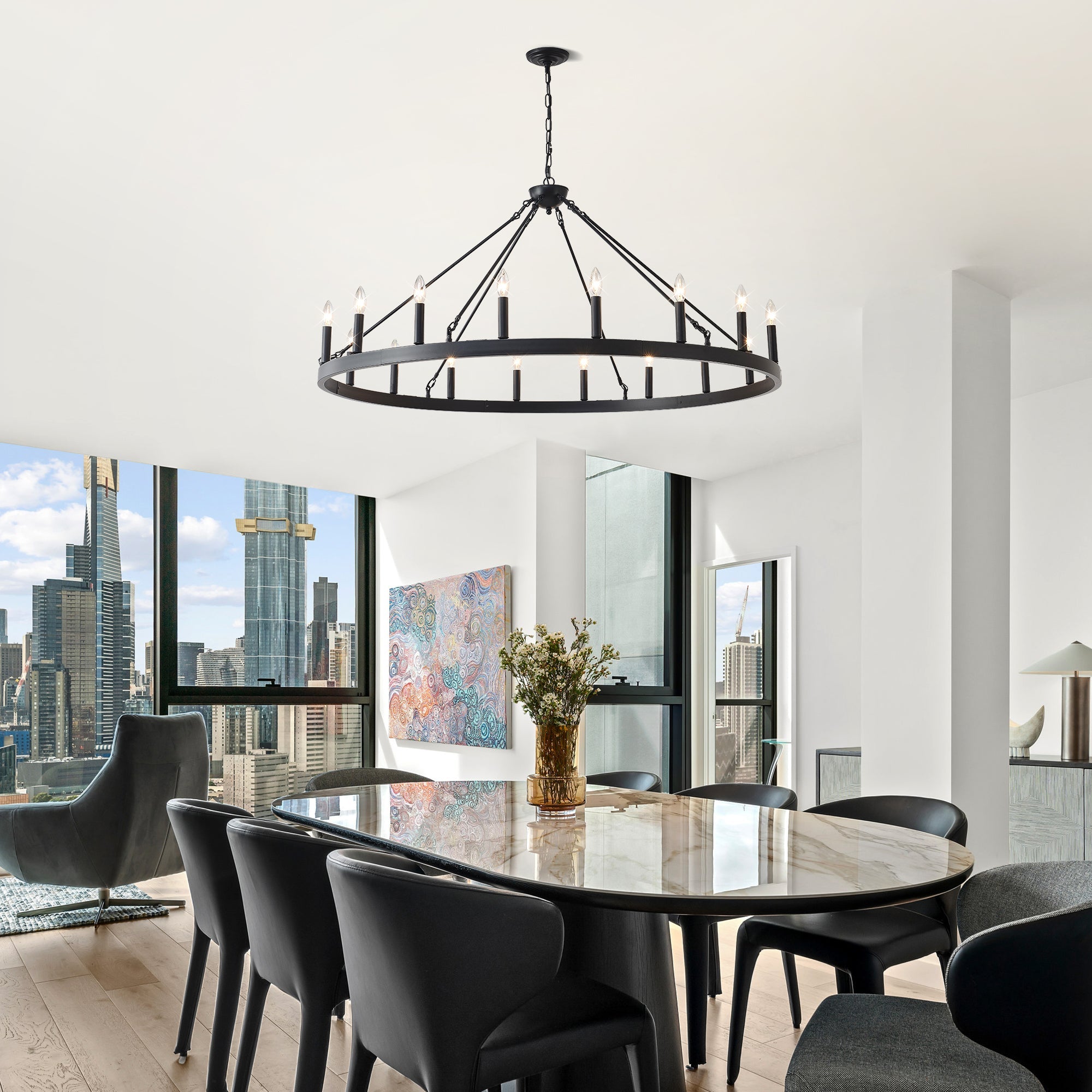 Jandcase 53.15in. Matte Black Wagon Wheel Chandelier 18-Light E12 Farmhouse Industrial Light for High Ceiling Dining Room Living Room (No Bulbs)