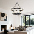 Jandcase 47.24" Large Farmhouse Wagon Wheel Chandelier, 36 Lights, Matte Black Metal, Adjustable Height, E26 Bulbs, Ideal for Living Rooms & Dining Areas