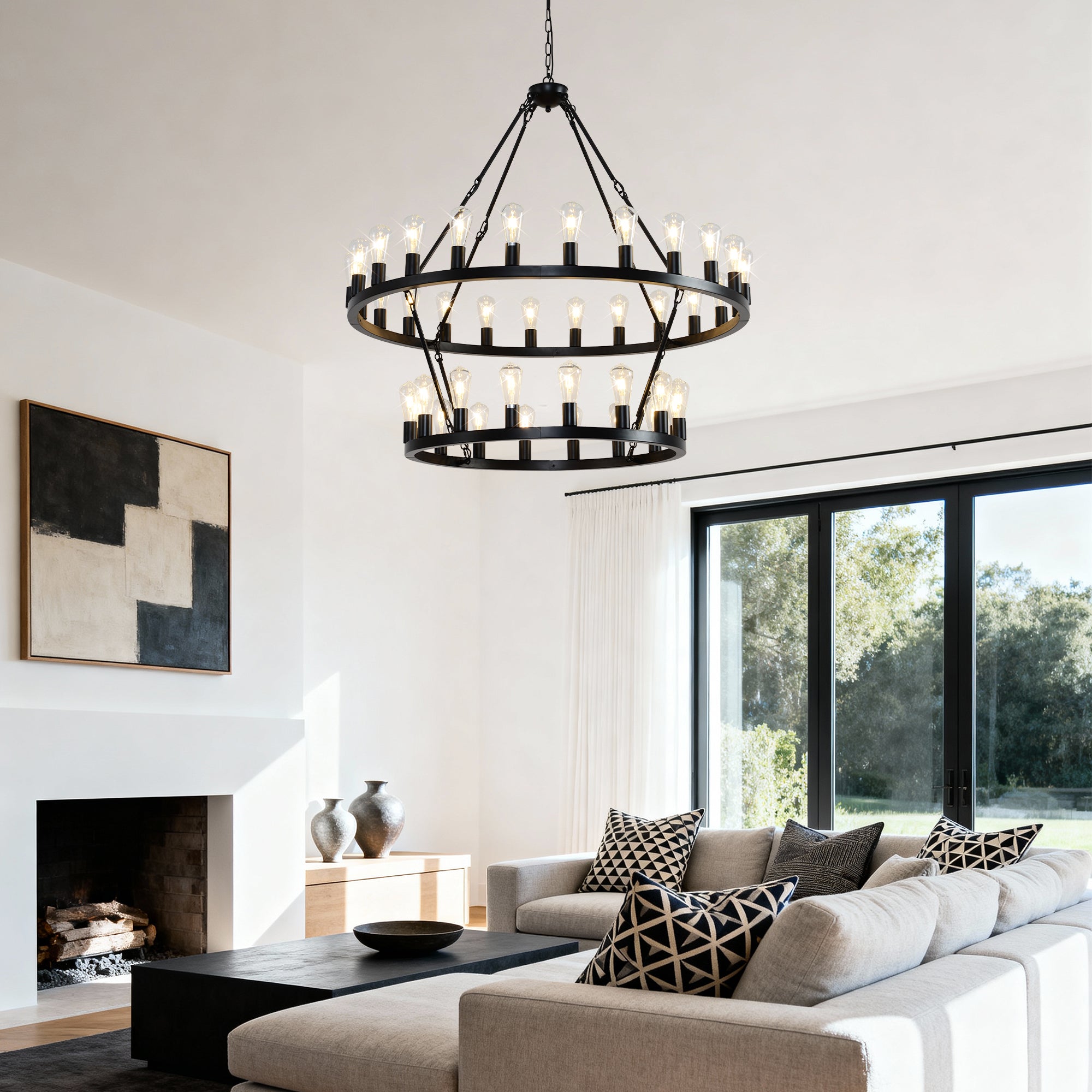 Jandcase 47.24" Large Farmhouse Wagon Wheel Chandelier, 36 Lights, Matte Black Metal, Adjustable Height, E26 Bulbs, Ideal for Living Rooms & Dining Areas