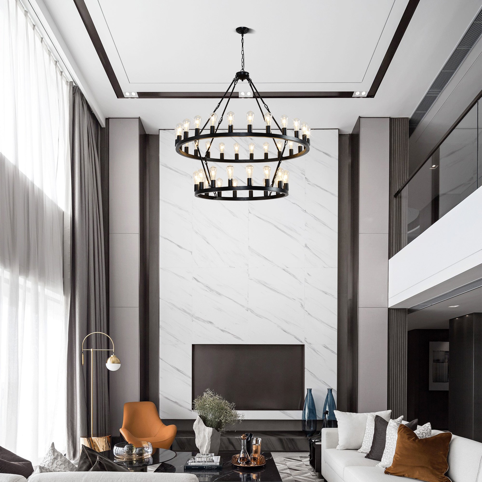 Jandcase 47.24" Large Farmhouse Wagon Wheel Chandelier, 36 Lights, Matte Black Metal, Adjustable Height, E26 Bulbs, Ideal for Living Rooms & Dining Areas