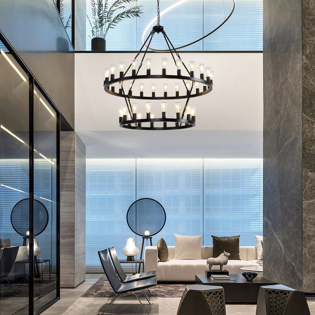 Jandcase 47.24" Large Farmhouse Wagon Wheel Chandelier, 36 Lights, Matte Black Metal, Adjustable Height, E26 Bulbs, Ideal for Living Rooms & Dining Areas