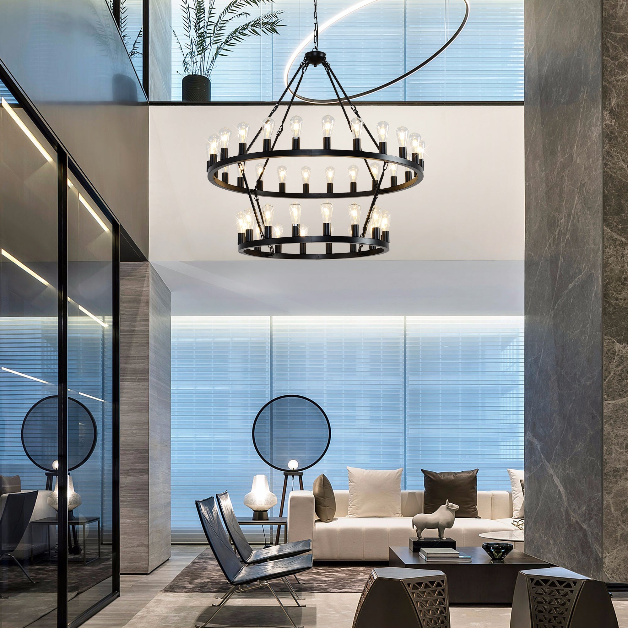 Jandcase 47.24" Large Farmhouse Wagon Wheel Chandelier, 36 Lights, Matte Black Metal, Adjustable Height, E26 Bulbs, Ideal for Living Rooms & Dining Areas