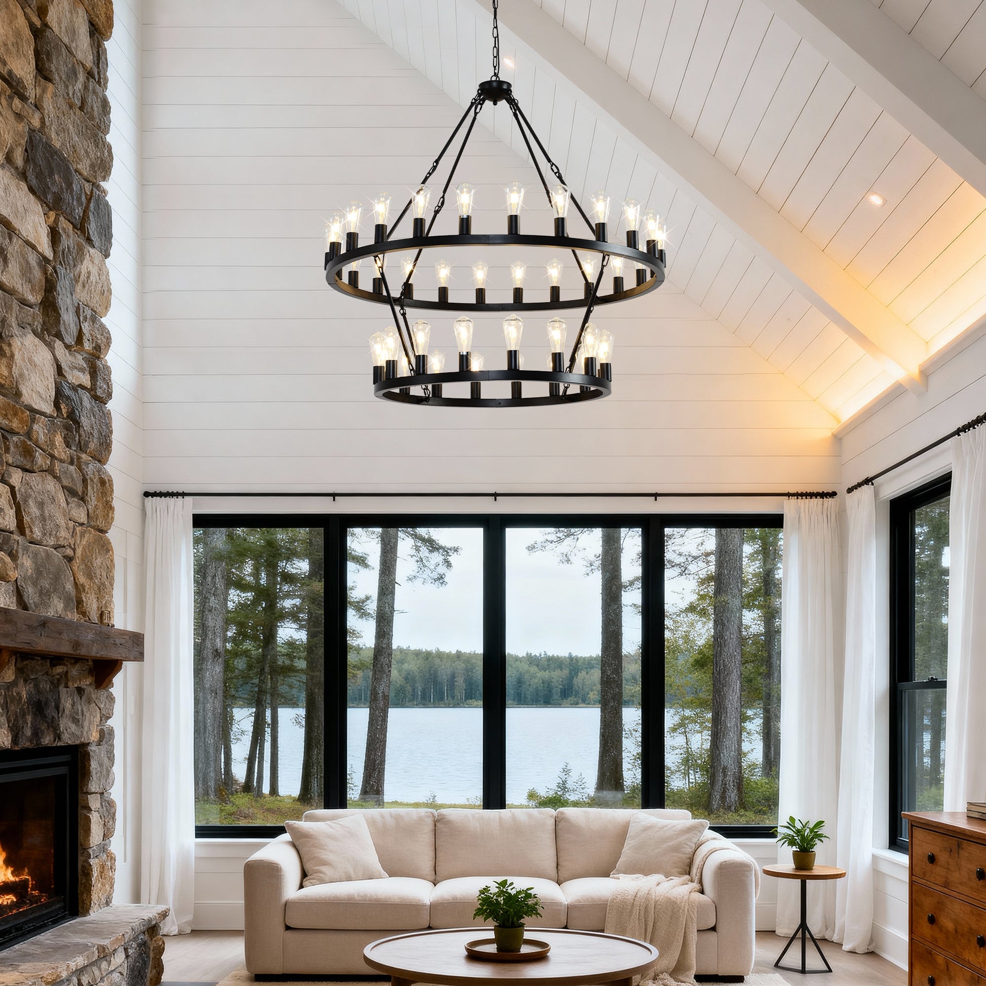 Jandcase 47.24" Large Farmhouse Wagon Wheel Chandelier, 36 Lights, Matte Black Metal, Adjustable Height, E26 Bulbs, Ideal for Living Rooms & Dining Areas