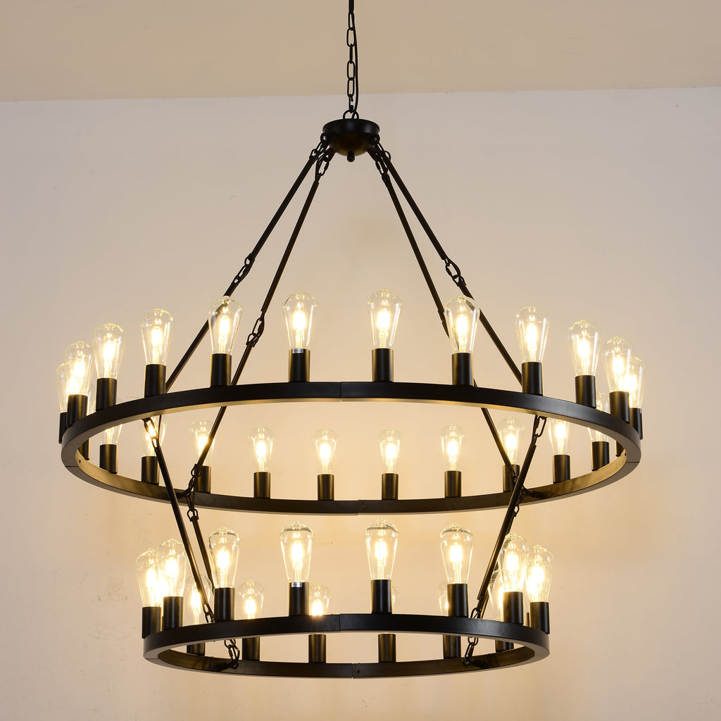 Jandcase 47.24" Large Farmhouse Wagon Wheel Chandelier, 36 Lights, Matte Black Metal, Adjustable Height, E26 Bulbs, Ideal for Living Rooms & Dining Areas