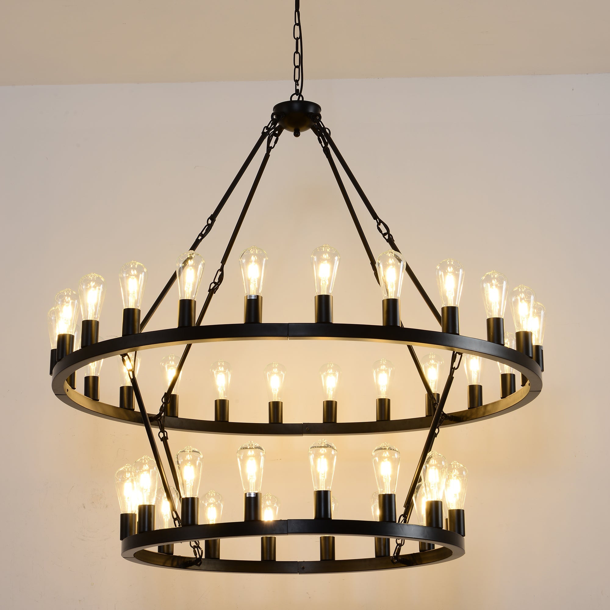 Jandcase 47.24" Large Farmhouse Wagon Wheel Chandelier, 36 Lights, Matte Black Metal, Adjustable Height, E26 Bulbs, Ideal for Living Rooms & Dining Areas