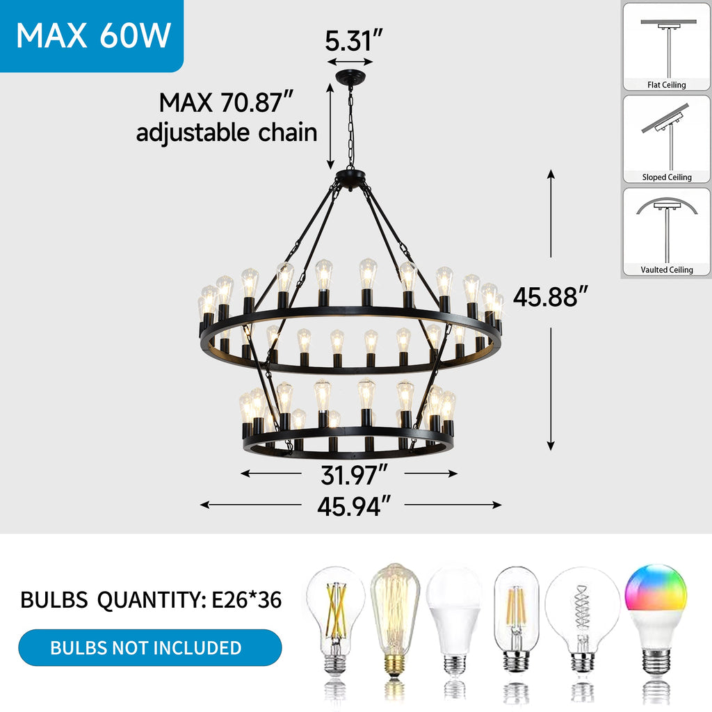 Jandcase 47.24" Large Farmhouse Wagon Wheel Chandelier, 36 Lights, Matte Black Metal, Adjustable Height, E26 Bulbs, Ideal for Living Rooms & Dining Areas