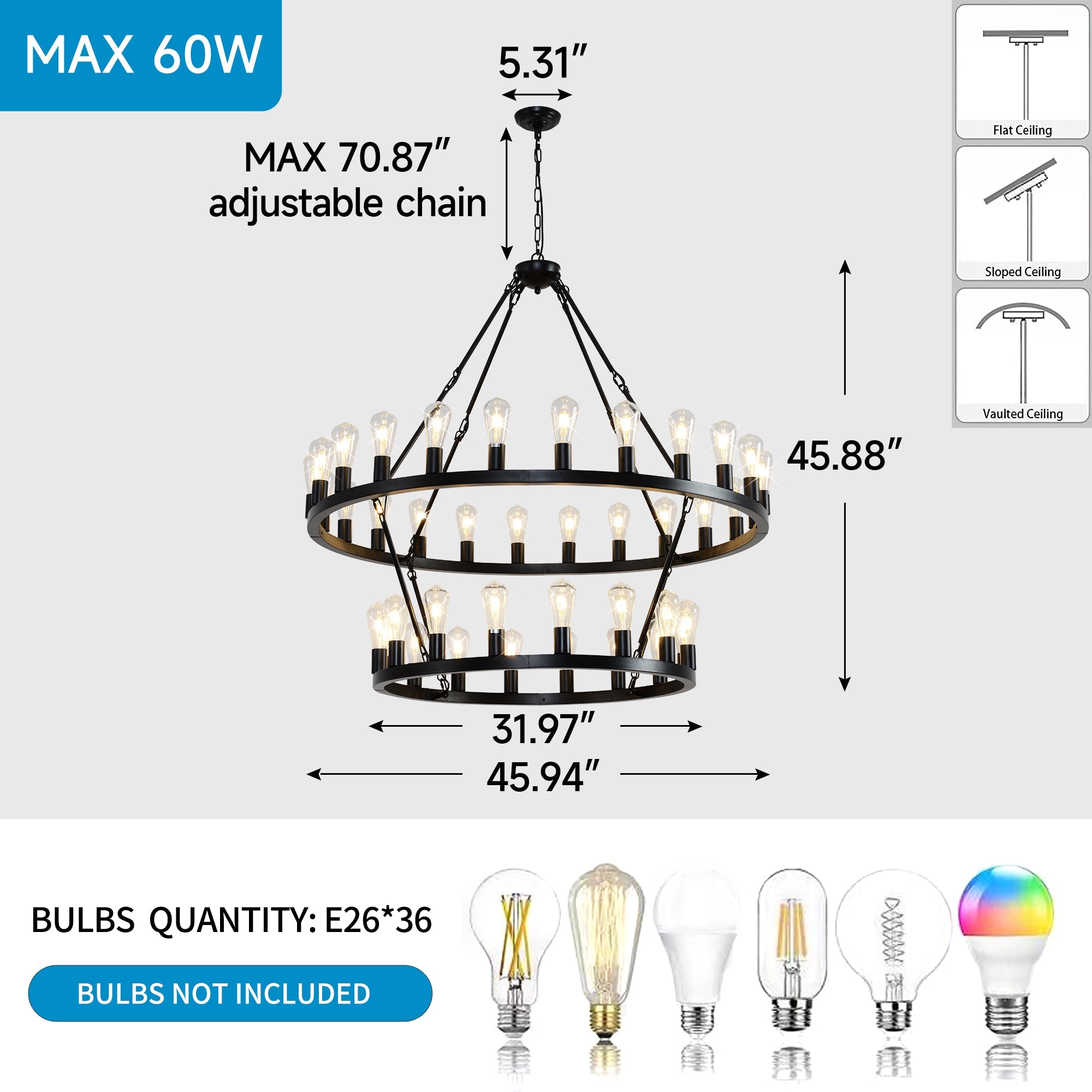 Jandcase 47.24" Large Farmhouse Wagon Wheel Chandelier, 36 Lights, Matte Black Metal, Adjustable Height, E26 Bulbs, Ideal for Living Rooms & Dining Areas